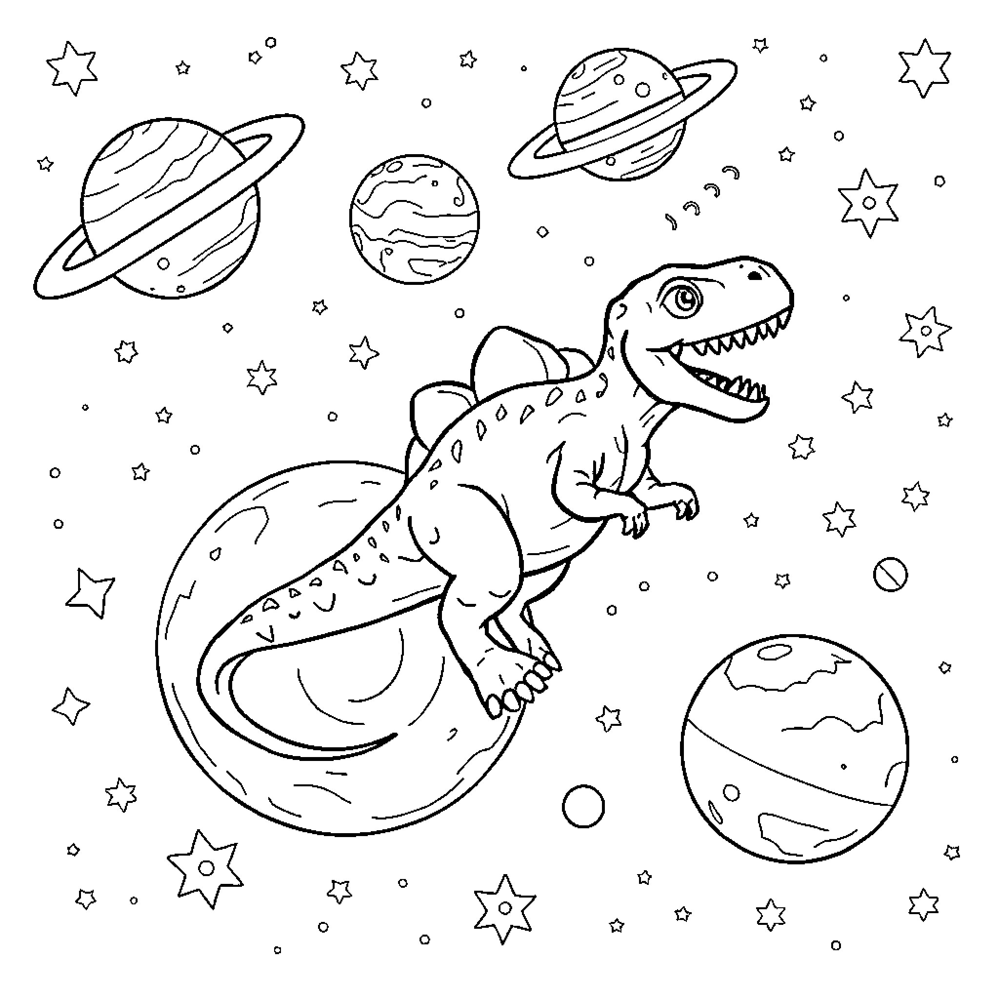 Dinosaur exploring the solar system with planets and stars Coloring Page (free black-and-white line drawing printable PDF for all, from beginners to advanced learners, including children, teens, adults, and seniors)