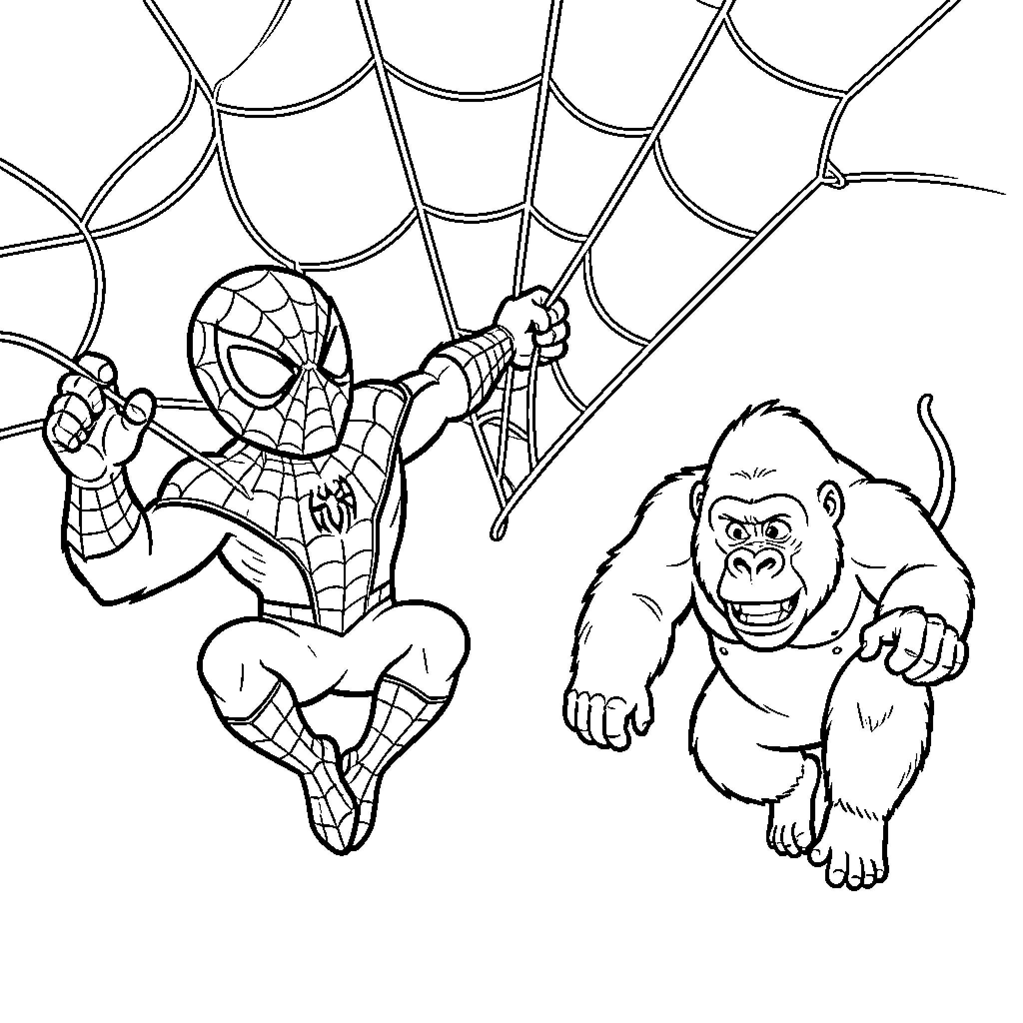 Spidey in action against a mighty gorilla Coloring Page (free black-and-white line drawing printable PDF for all, from beginners to advanced learners, including children, teens, adults, and seniors)