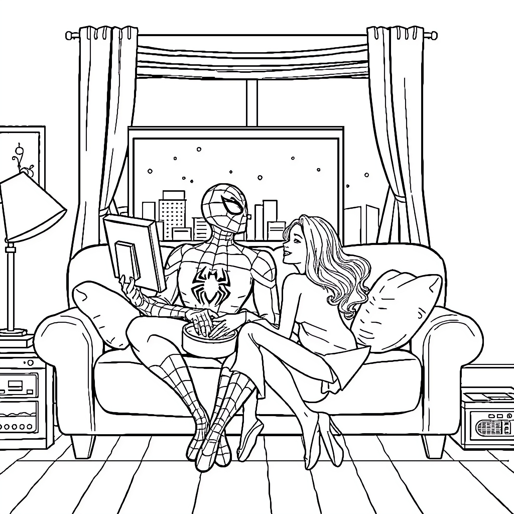 Spiderman hanging out with a friend in cozy living room Coloring Page (free black-and-white line drawing printable PDF for all, from beginners to advanced learners, including children, teens, adults, and seniors)