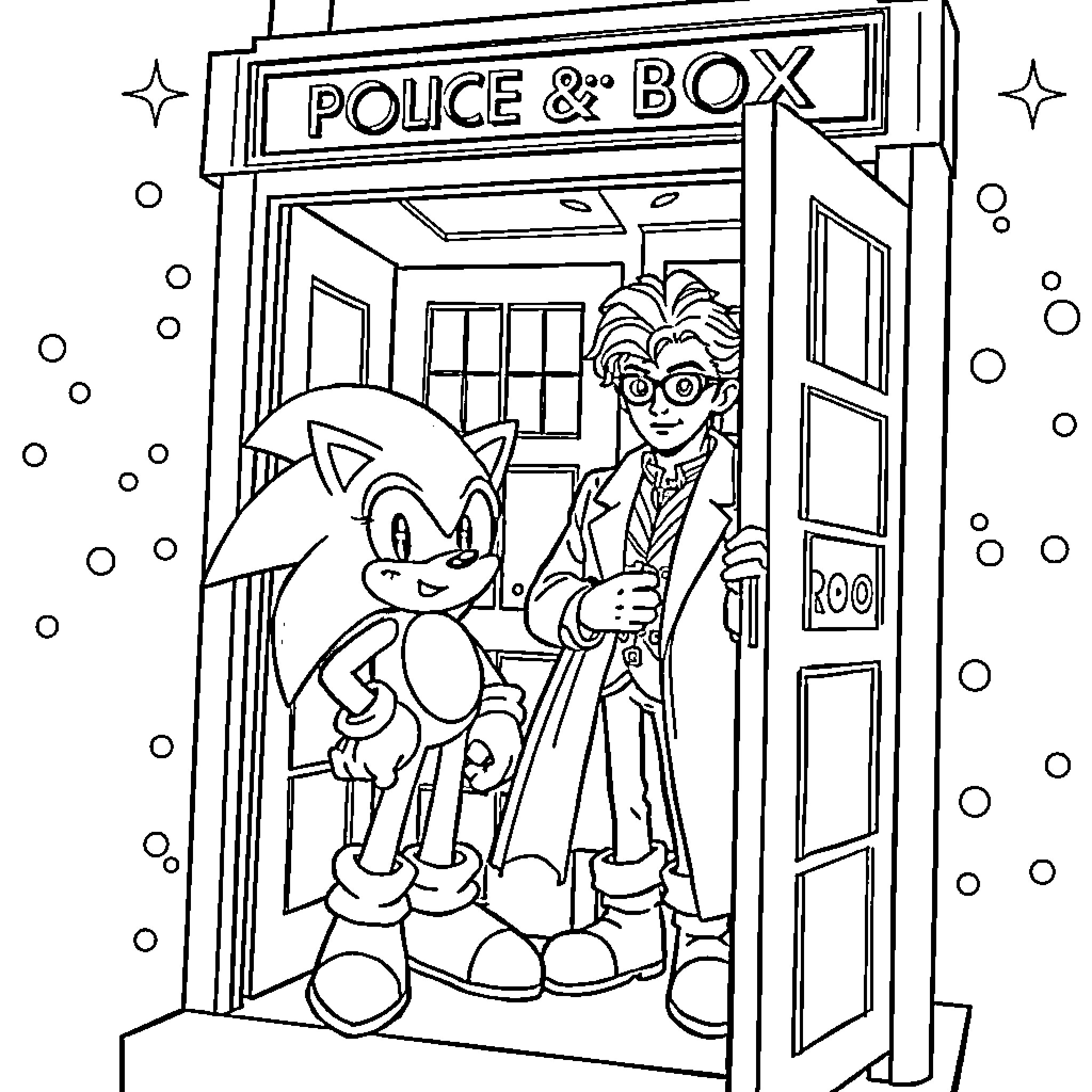 Sonic and the Doctor in the Police Box Coloring Page (free black-and-white line drawing printable PDF for all, from beginners to advanced learners, including children, teens, adults, and seniors)