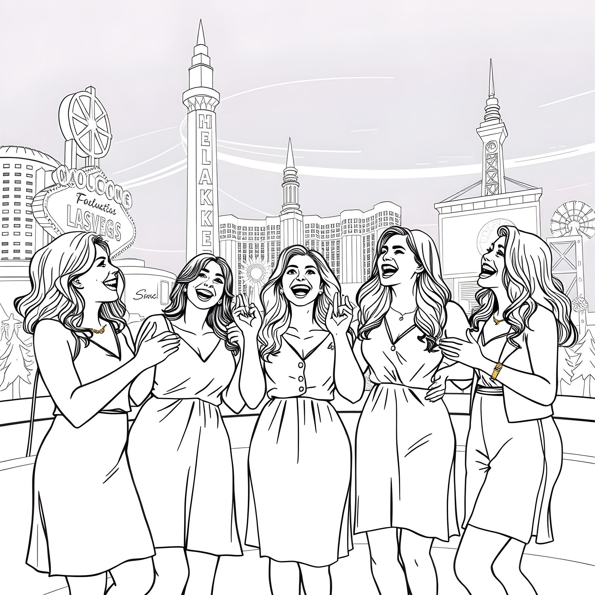 Teacher and students celebrate in vibrant city scene Coloring Page (free black-and-white line drawing printable PDF for all, from beginners to advanced learners, including children, teens, adults, and seniors)