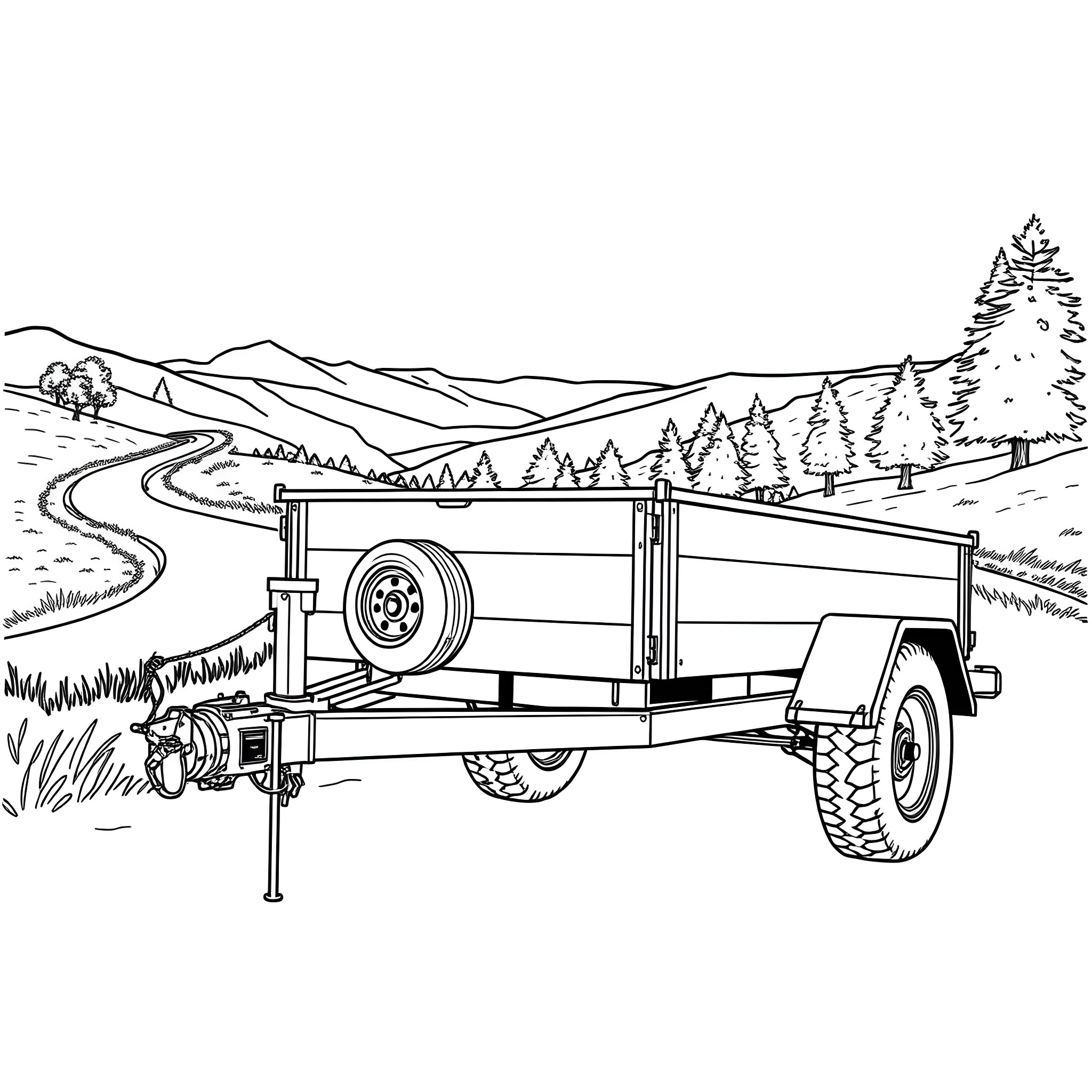 Car Trailer Loaded for Outdoor Adventure Coloring Page (free black-and-white line drawing printable PDF for all, from beginners to advanced learners, including children, teens, adults, and seniors)