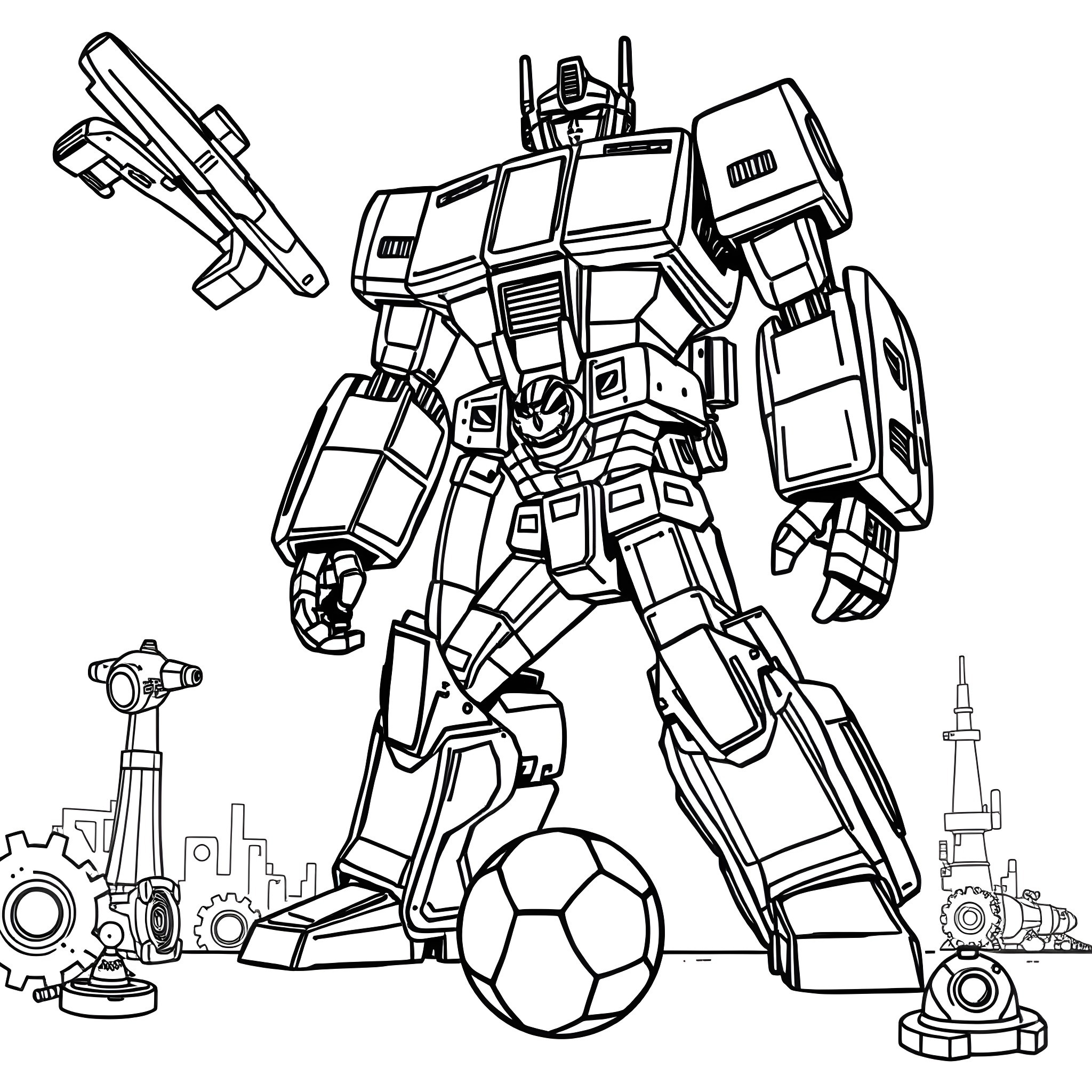 Gallade robot with soccer ball in the city Coloring Page (free black-and-white line drawing printable PDF for all, from beginners to advanced learners, including children, teens, adults, and seniors)