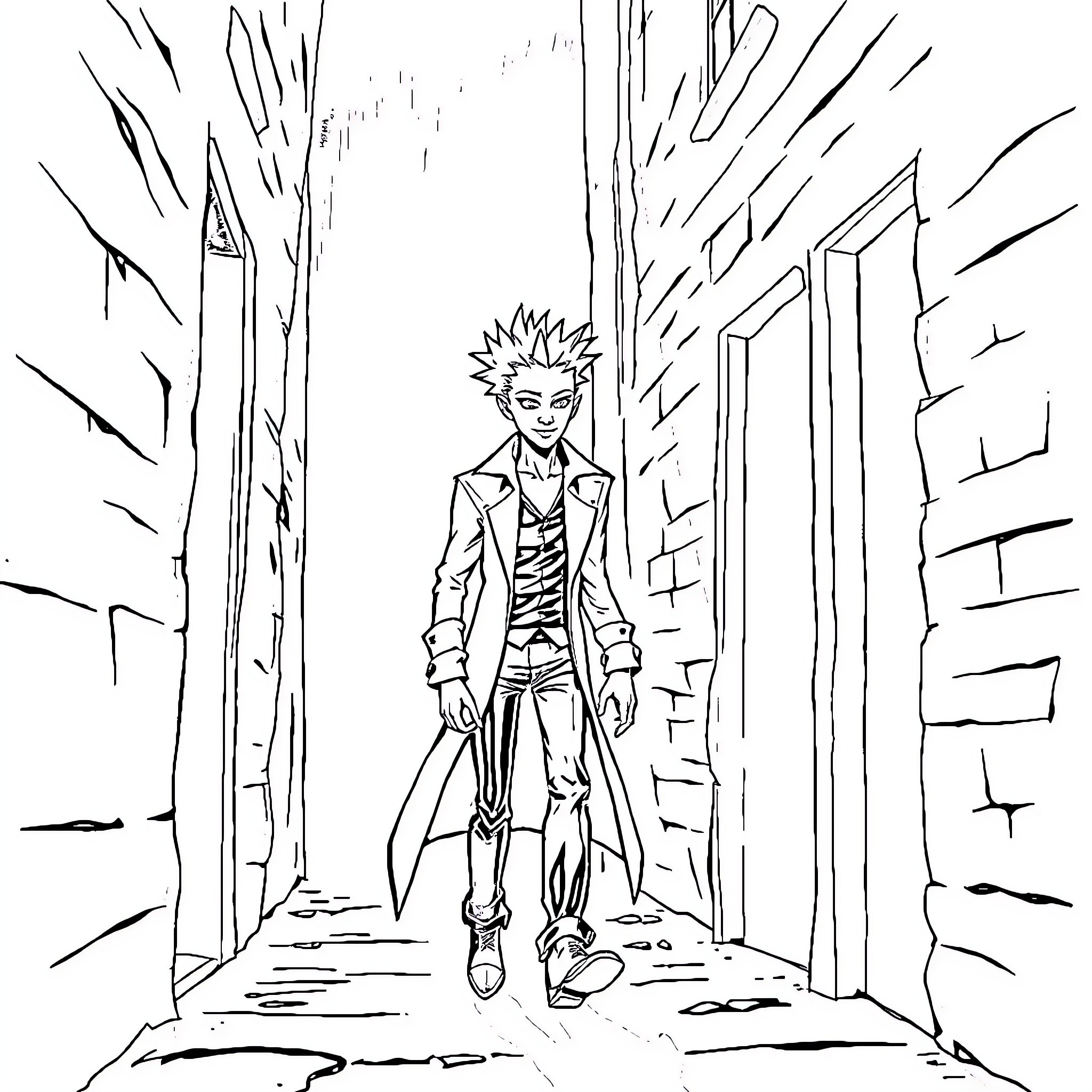 Spike's Stylish Stroll Through the City Coloring Page (free black-and-white line drawing printable PDF for all, from beginners to advanced learners, including children, teens, adults, and seniors)
