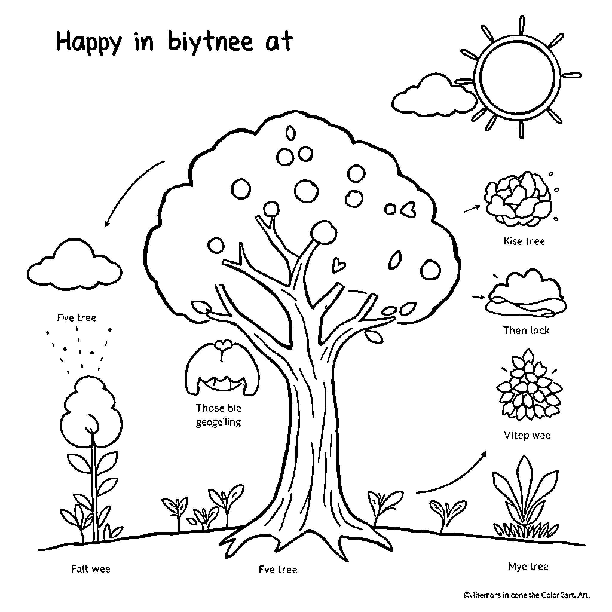 Tree with people enjoying nature in the garden Coloring Page (free black-and-white line drawing printable PDF for all, from beginners to advanced learners, including children, teens, adults, and seniors)