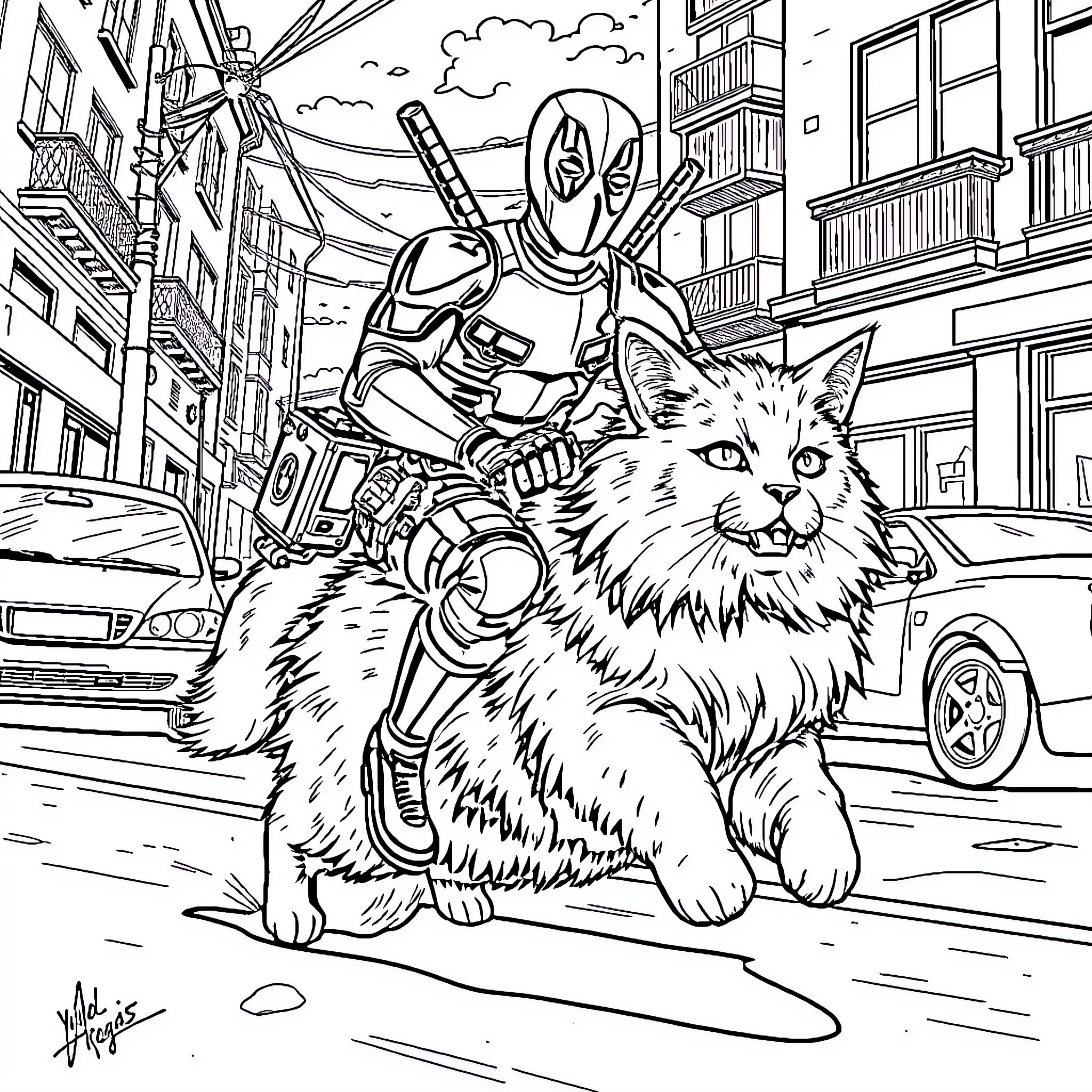 Deadpool's Furry Companion on an Urban Adventure Coloring Page (free black-and-white line drawing printable PDF for all, from beginners to advanced learners, including children, teens, adults, and seniors)
