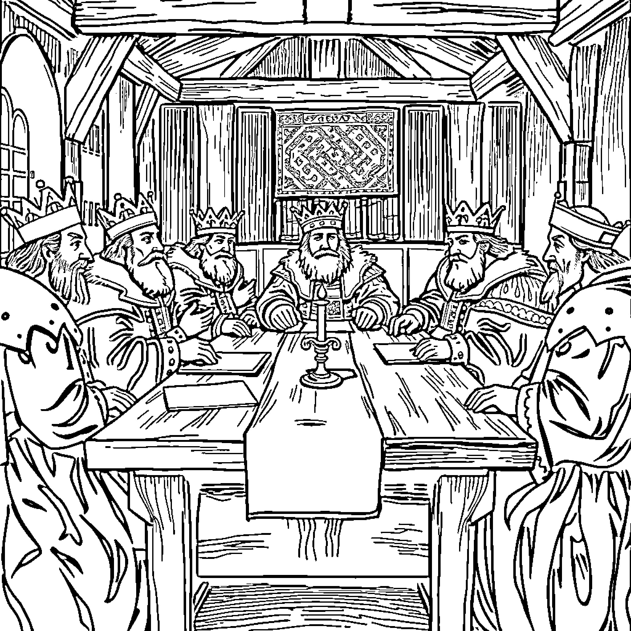 Stuart King Presiding Over Regal Court Council Coloring Page (free black-and-white line drawing printable PDF for all, from beginners to advanced learners, including children, teens, adults, and seniors)