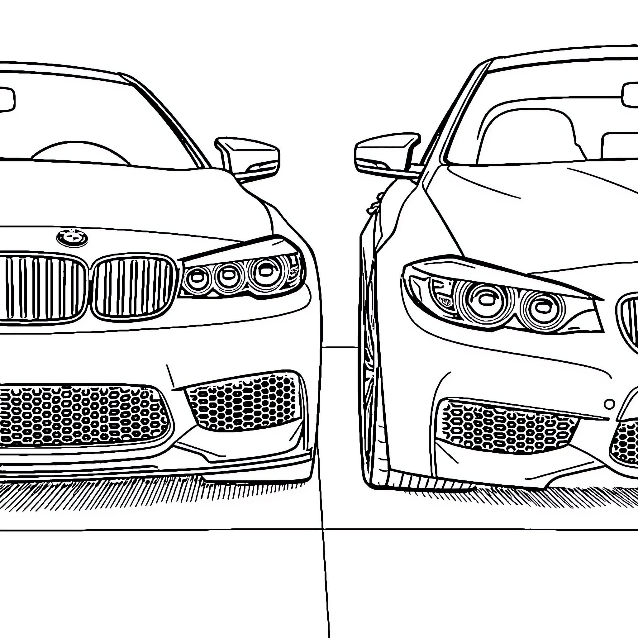 BMW Cars Parked Together in Contrast Coloring Page (free black-and-white line drawing printable PDF for all, from beginners to advanced learners, including children, teens, adults, and seniors)