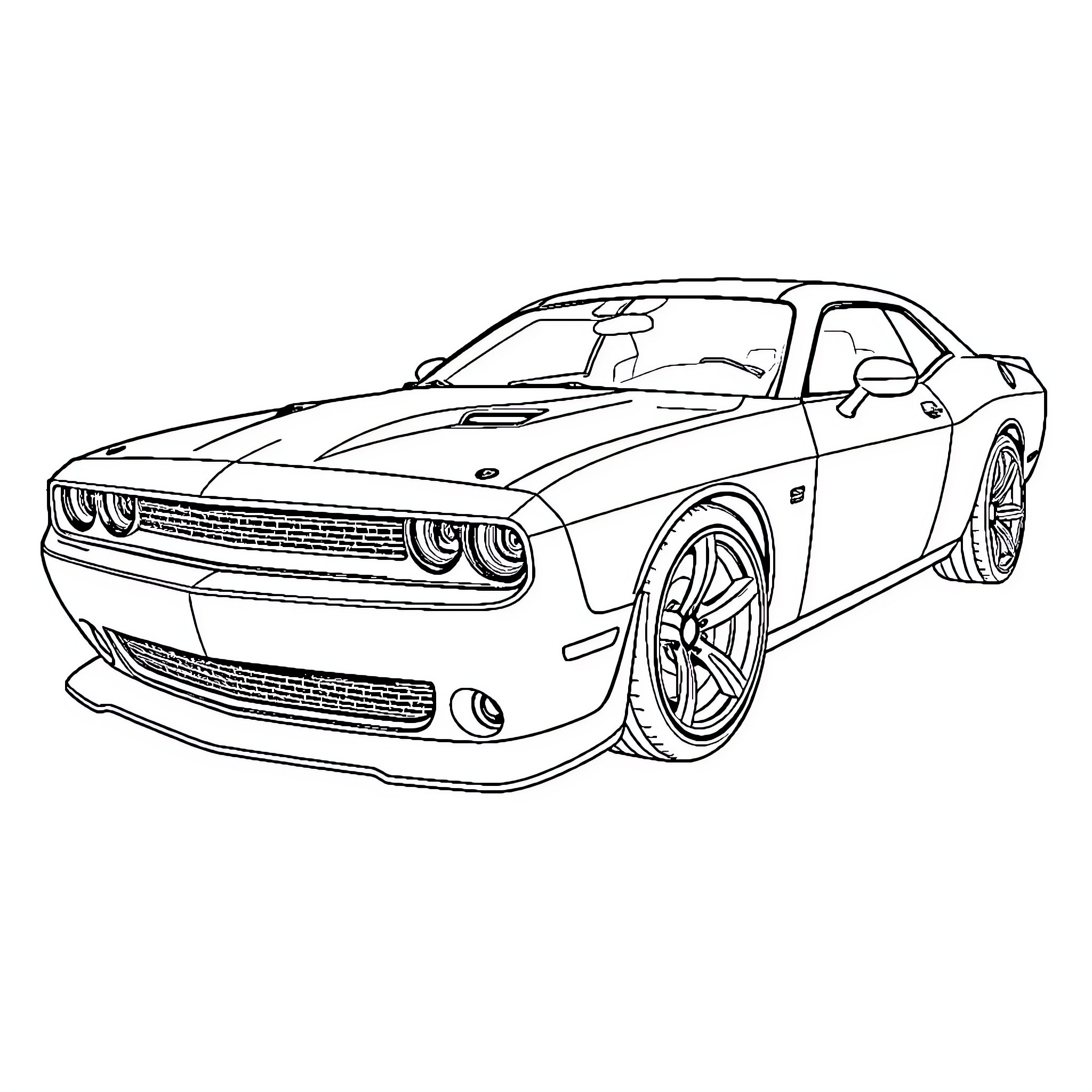 Dodge Challenger in sleek design Coloring Page (free black-and-white line drawing printable PDF for all, from beginners to advanced learners, including children, teens, adults, and seniors)