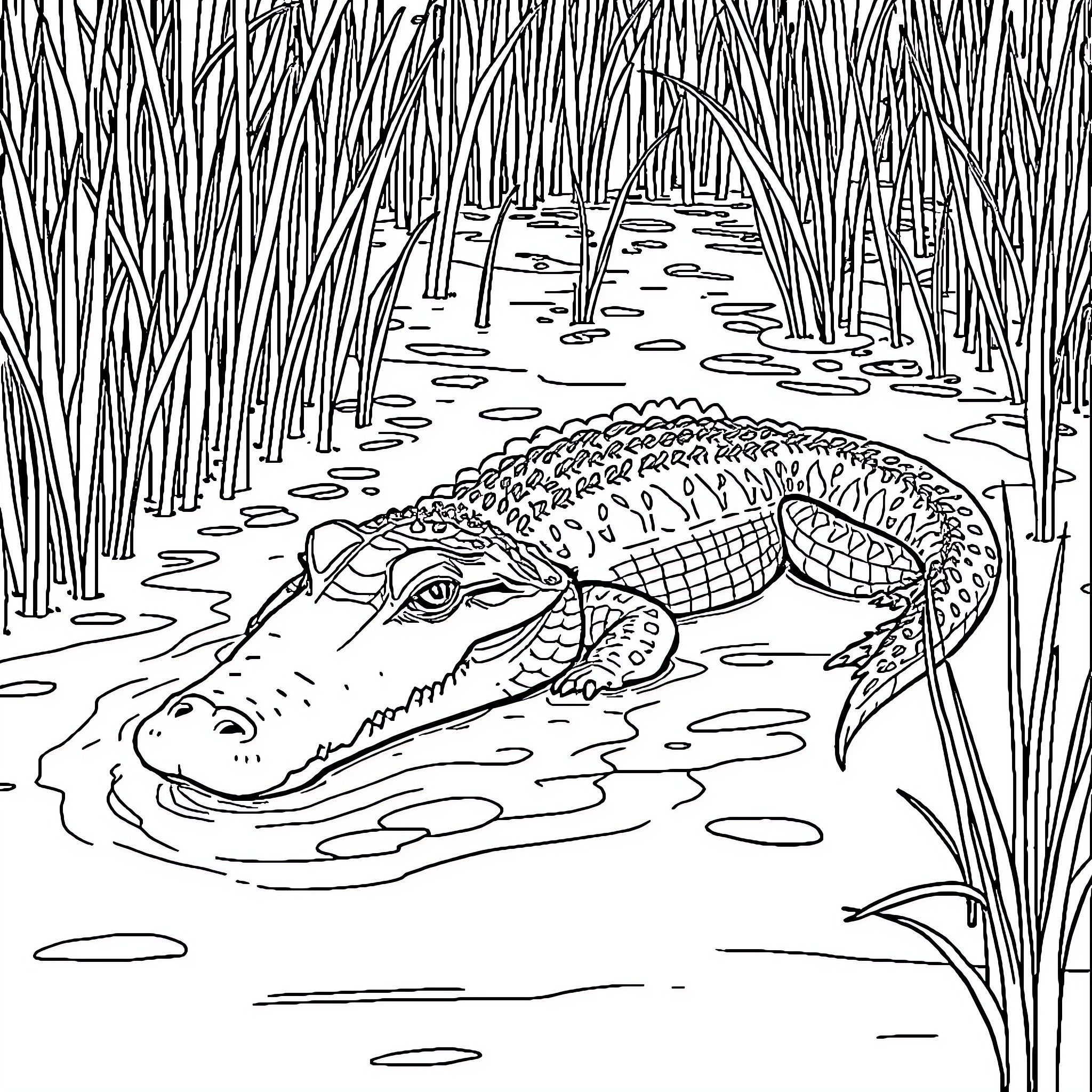 Alligator resting in the swampy wetlands Coloring Page (free black-and-white line drawing printable PDF for all, from beginners to advanced learners, including children, teens, adults, and seniors)