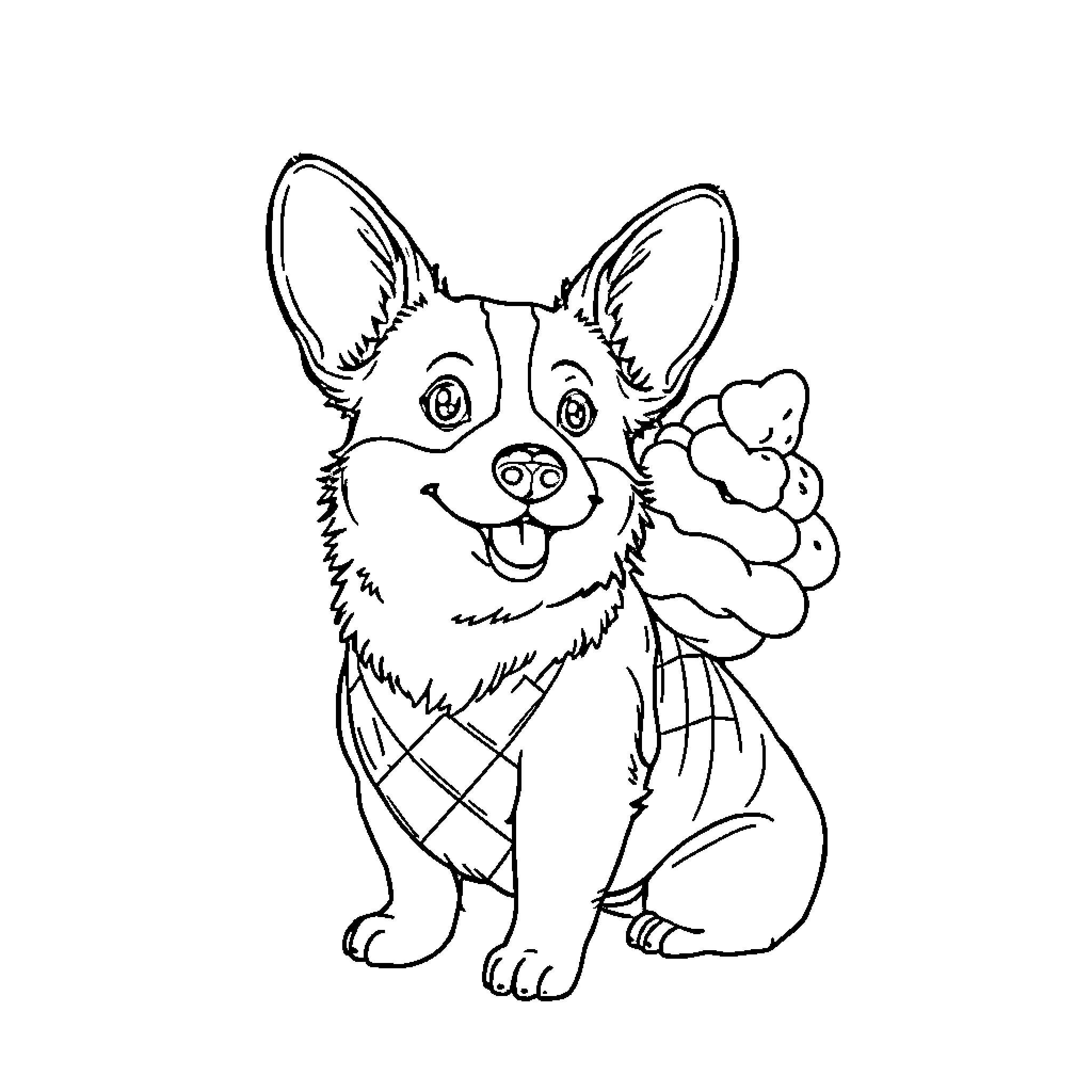 Corgi wearing patterned outfit and holding flower Coloring Page (free black-and-white line drawing printable PDF for all, from beginners to advanced learners, including children, teens, adults, and seniors)