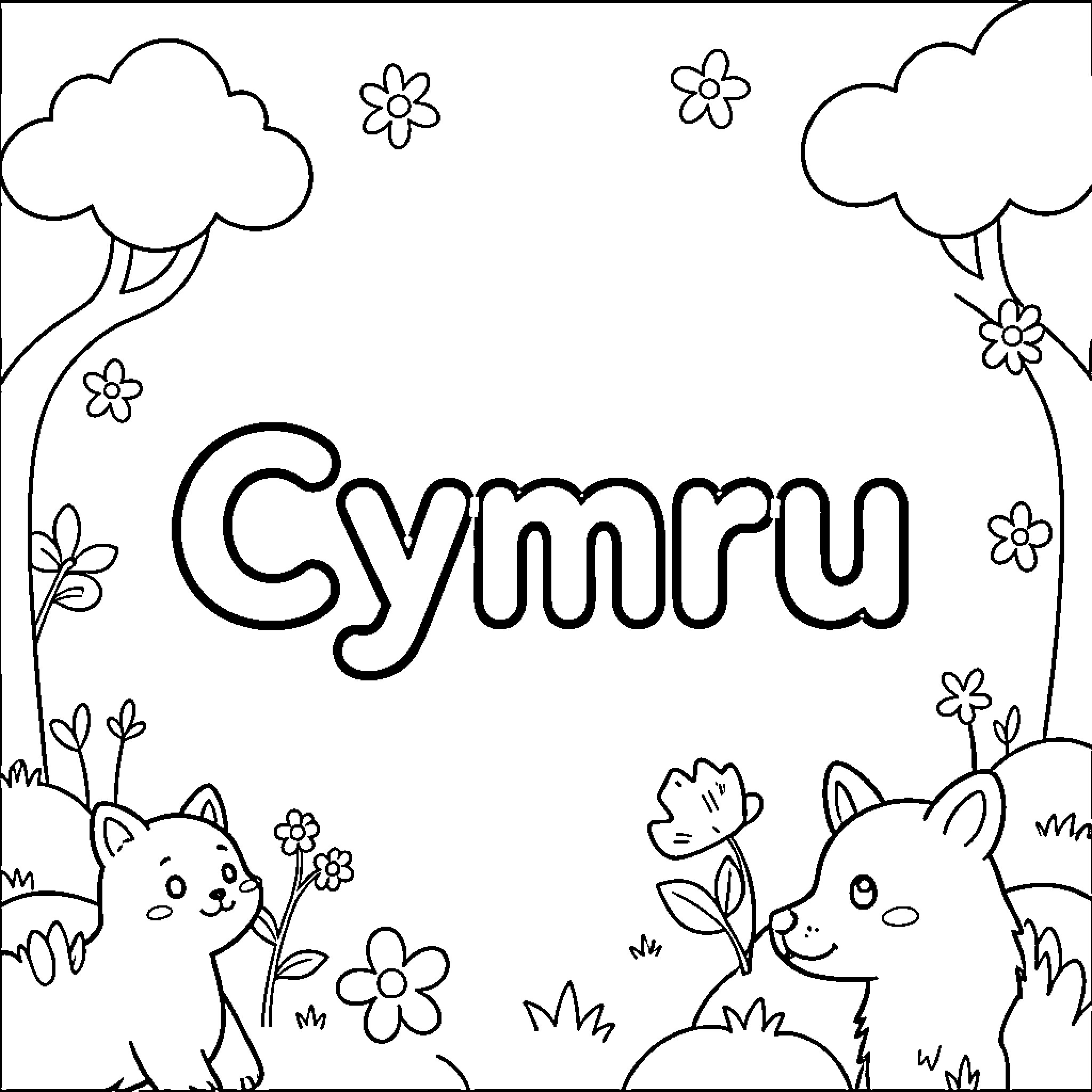 Cymru featuring cute animals surrounded by flowers and trees Coloring Page (free black-and-white line drawing printable PDF for all, from beginners to advanced learners, including children, teens, adults, and seniors)