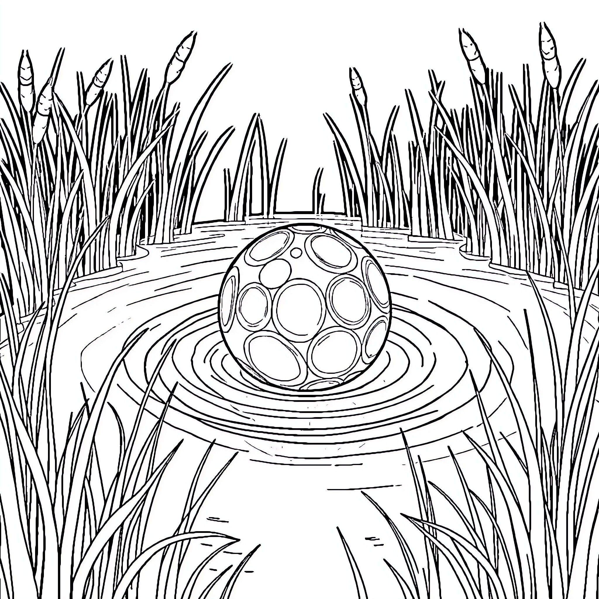 Ball floating on water in tall grass Coloring Page (free black-and-white line drawing printable PDF for all, from beginners to advanced learners, including children, teens, adults, and seniors)