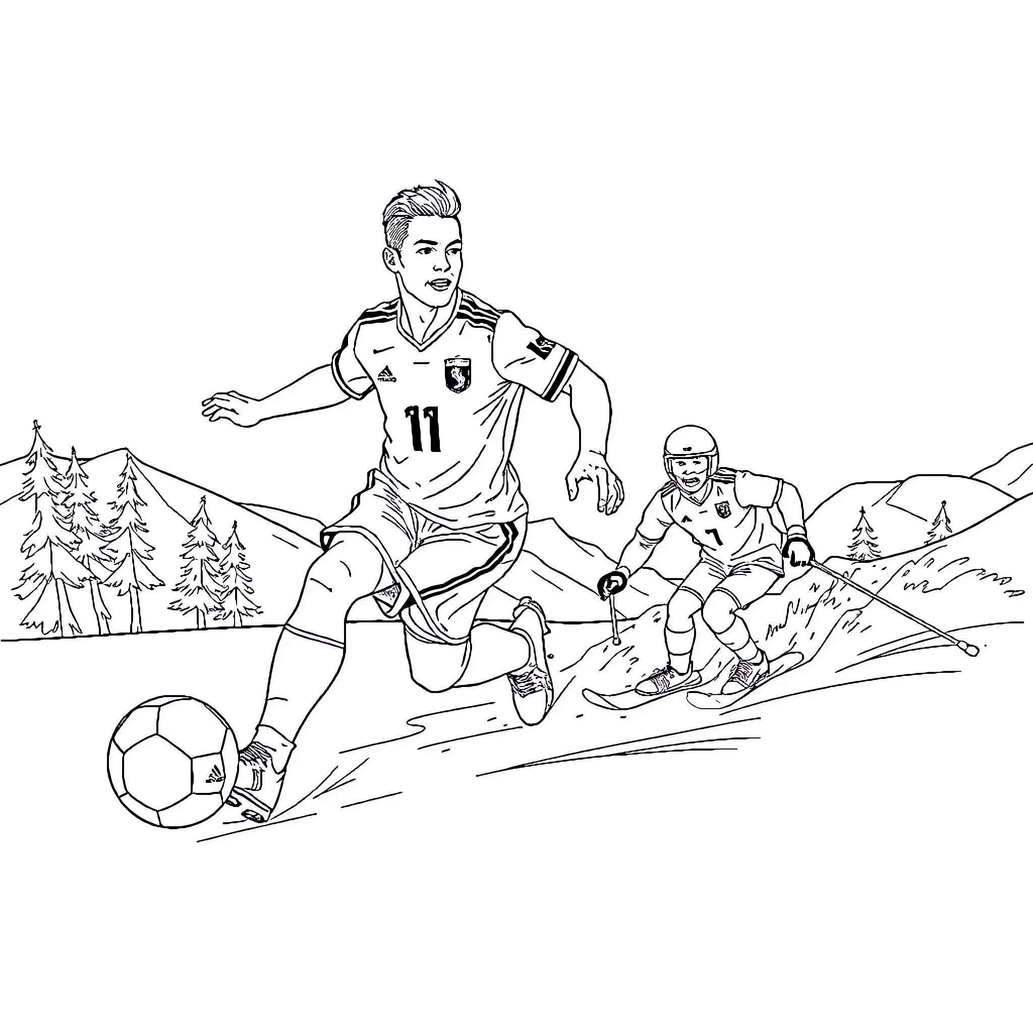 Ronaldo dribbling on the snowy field Coloring Page (free black-and-white line drawing printable PDF for all, from beginners to advanced learners, including children, teens, adults, and seniors)
