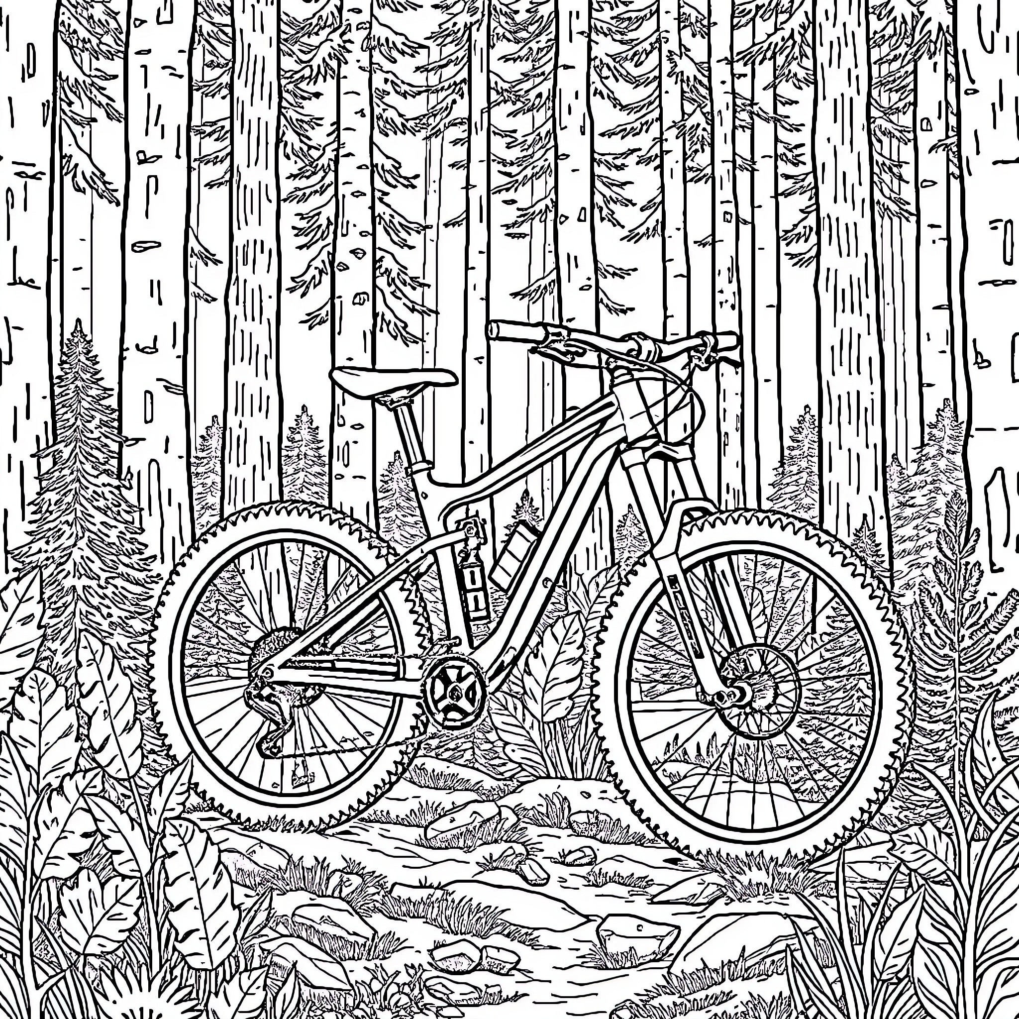 Mountain Bike Adventure Through the Forest Coloring Page (free black-and-white line drawing printable PDF for all, from beginners to advanced learners, including children, teens, adults, and seniors)