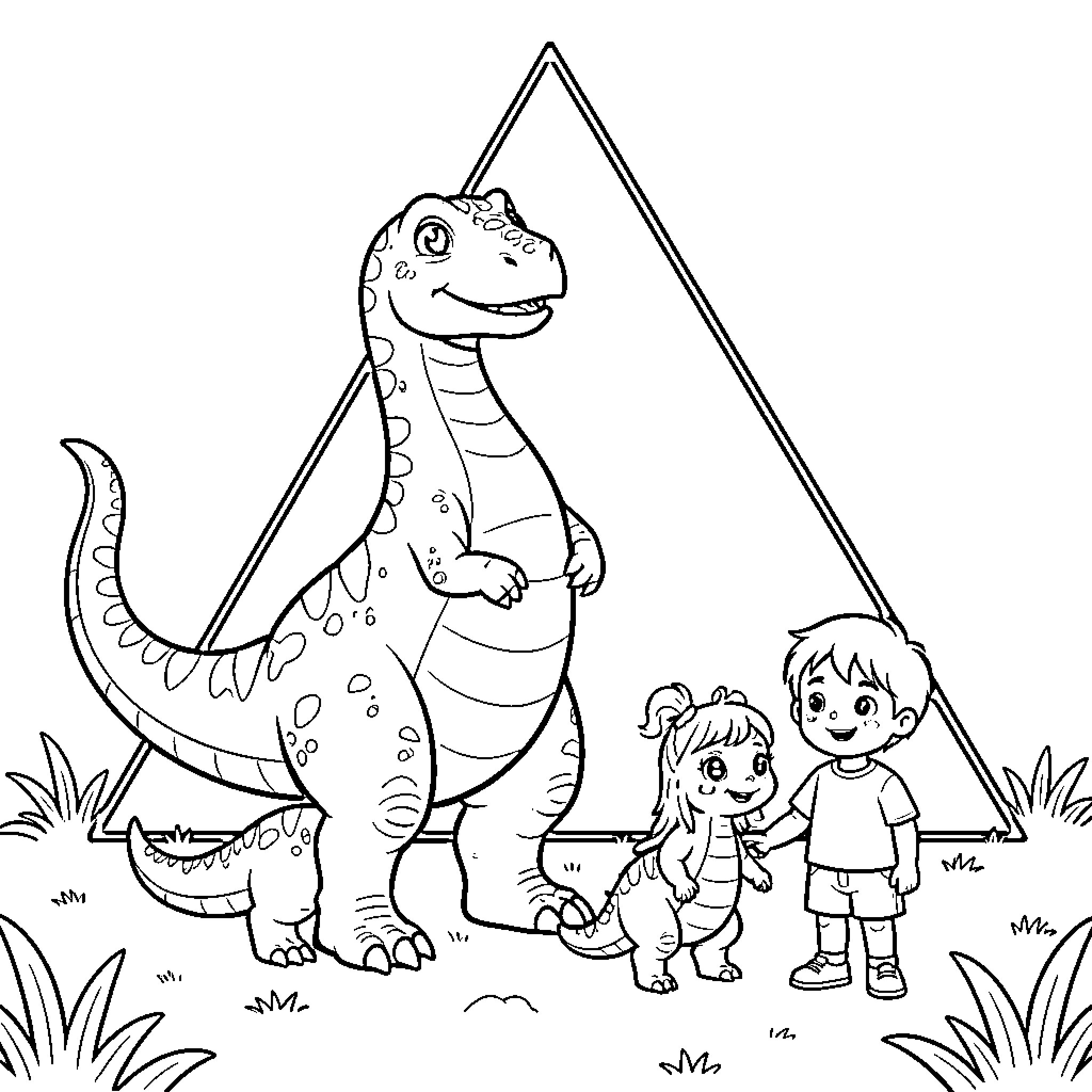 Dinosaur standing smiling with two happy children Coloring Page (free black-and-white line drawing printable PDF for all, from beginners to advanced learners, including children, teens, adults, and seniors)