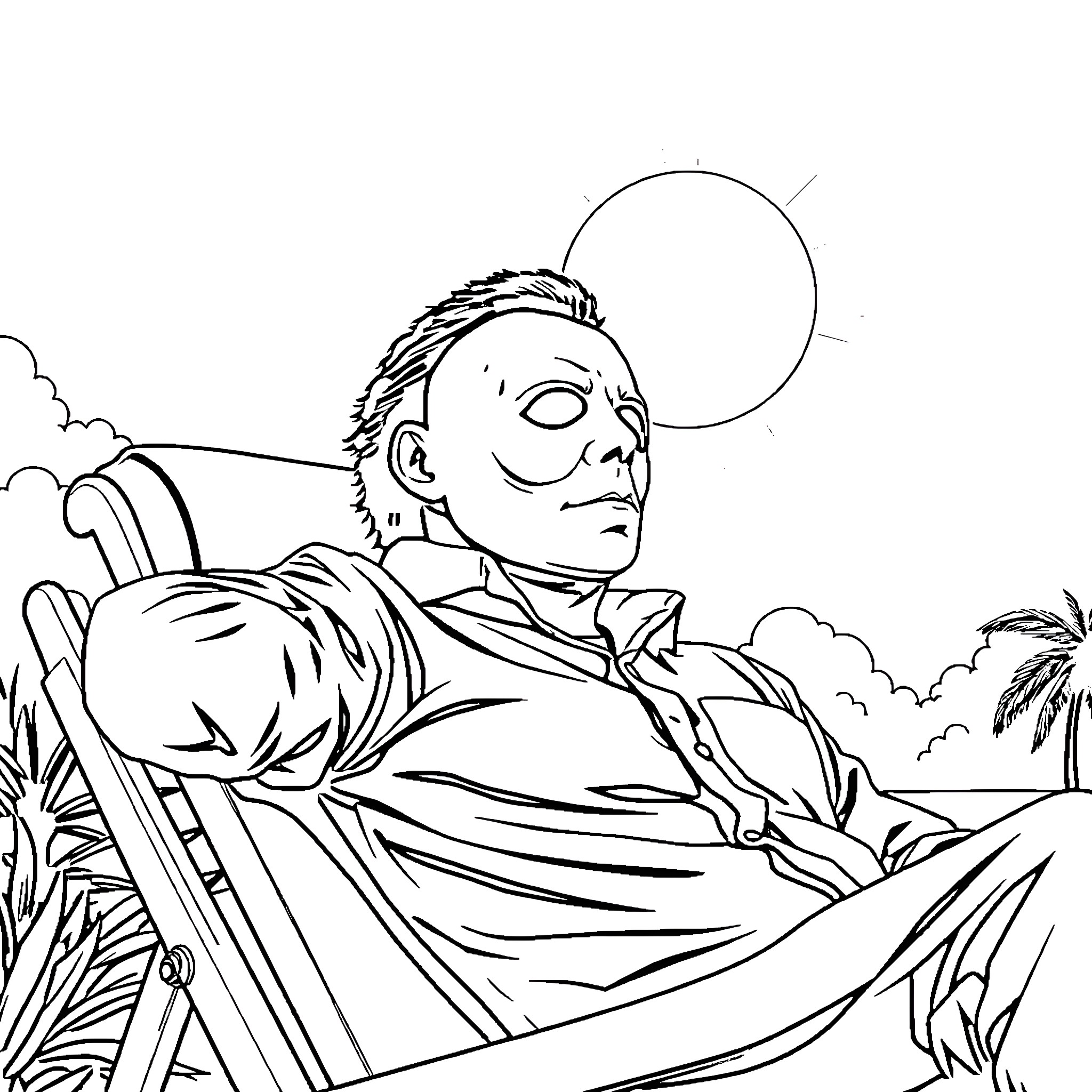 Michael Myers relaxing on a beach chair Coloring Page (free black-and-white line drawing printable PDF for all, from beginners to advanced learners, including children, teens, adults, and seniors)