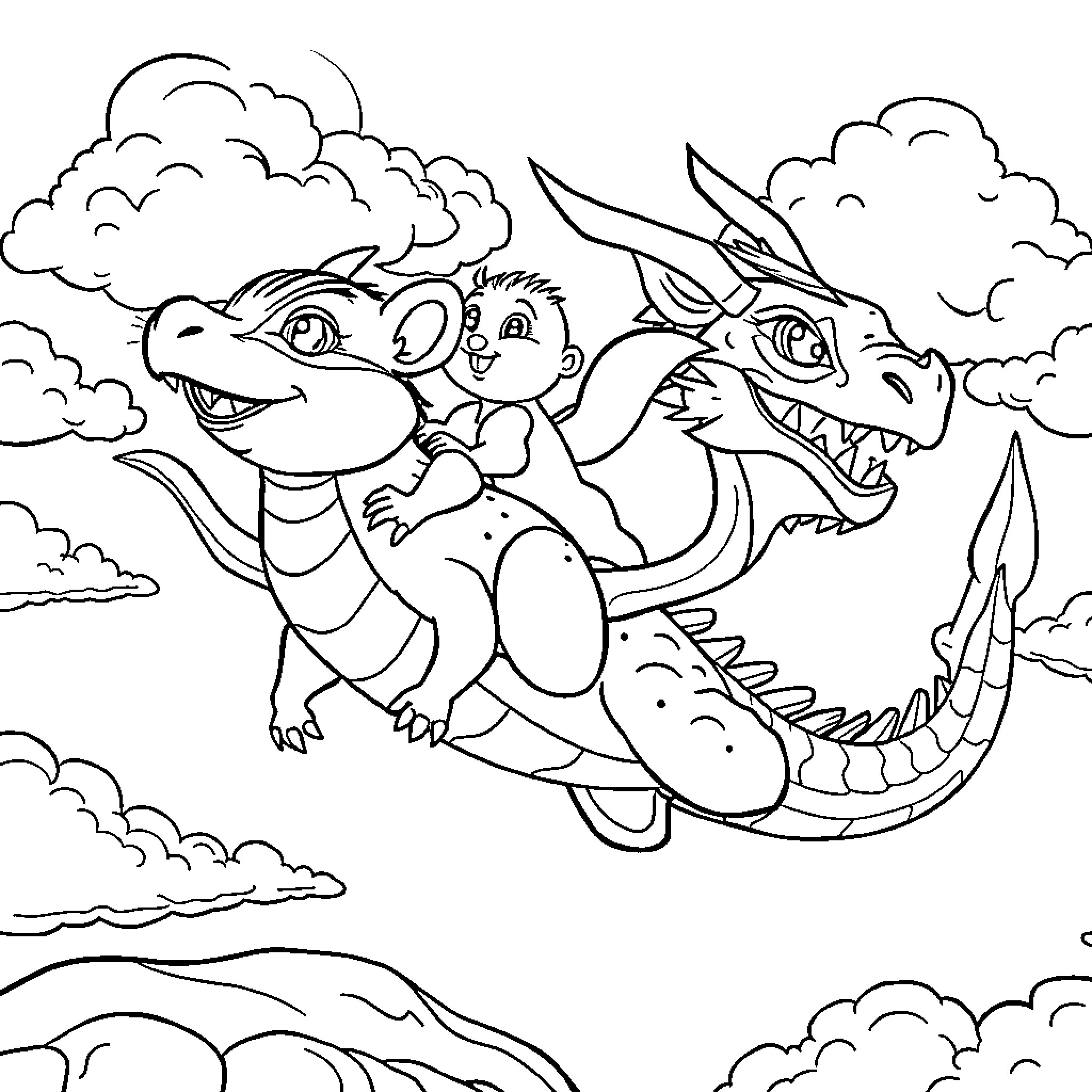 Chipmunk riding a friendly dragon in the clouds Coloring Page (free black-and-white line drawing printable PDF for all, from beginners to advanced learners, including children, teens, adults, and seniors)