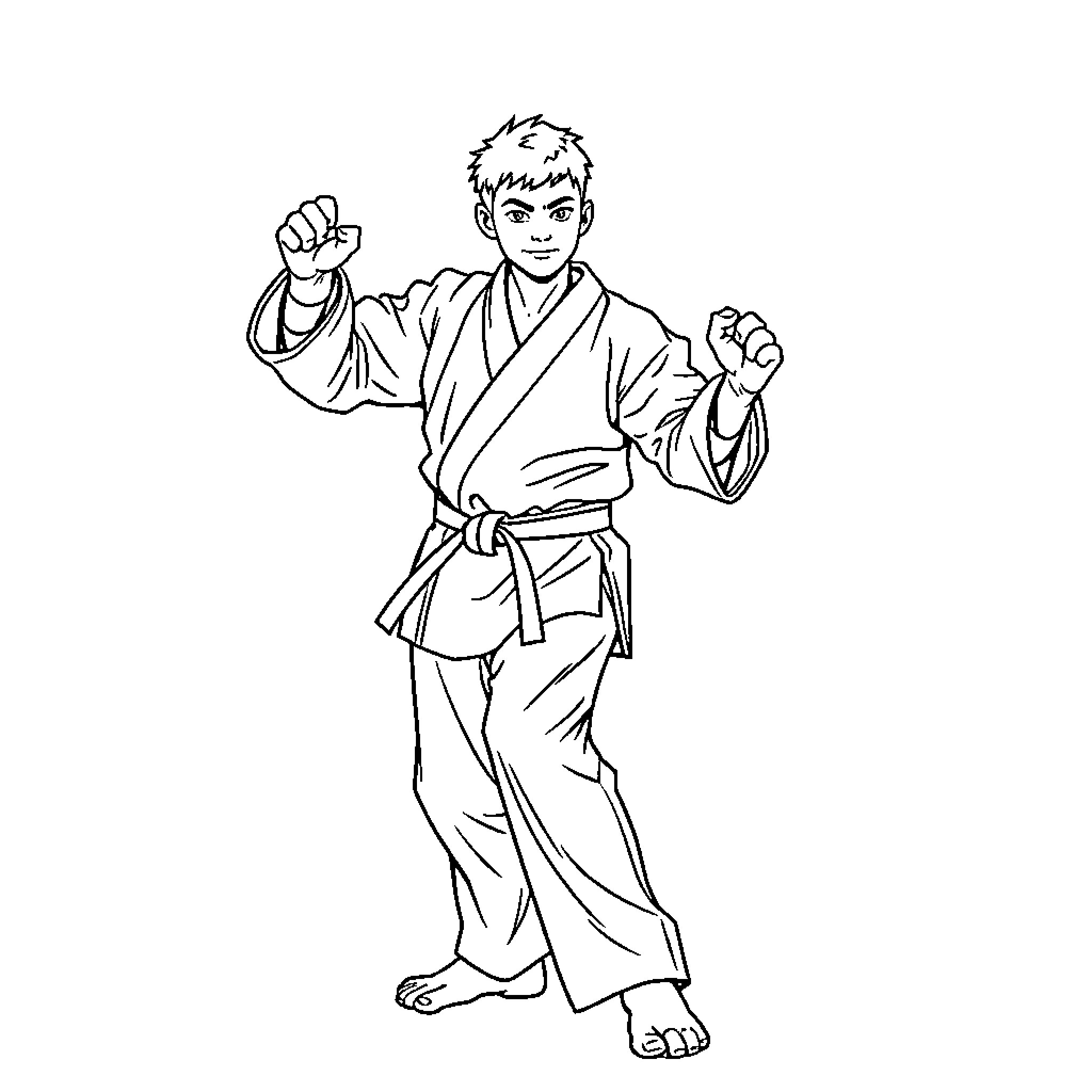 Karate Athlete Performing Martial Arts Moves Coloring Page (free black-and-white line drawing printable PDF for all, from beginners to advanced learners, including children, teens, adults, and seniors)
