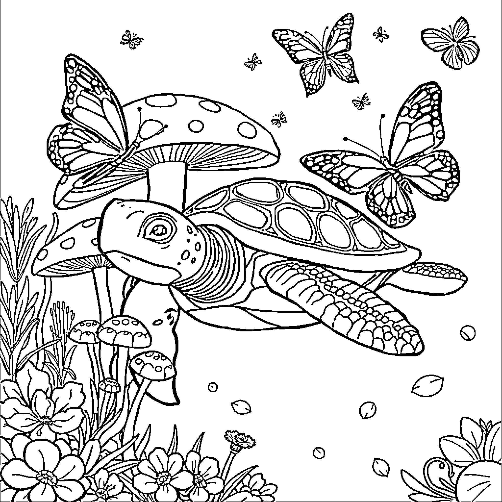Turtle surrounded by butterflies in a whimsical scene Coloring Page (free black-and-white line drawing printable PDF for all, from beginners to advanced learners, including children, teens, adults, and seniors)