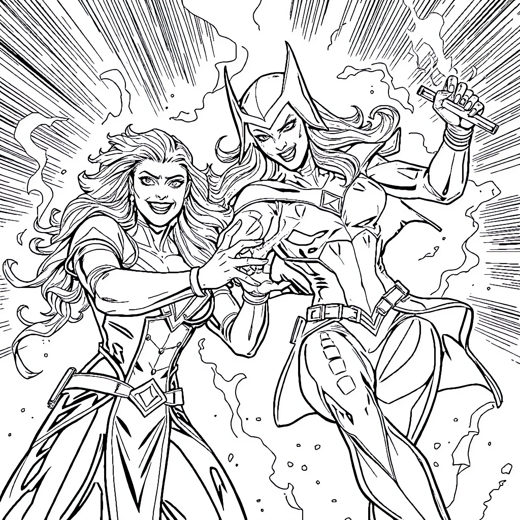 Scarlet Witch and Wanda Maximoff in Epic Battle Pose Coloring Page (free black-and-white line drawing printable PDF for all, from beginners to advanced learners, including children, teens, adults, and seniors)