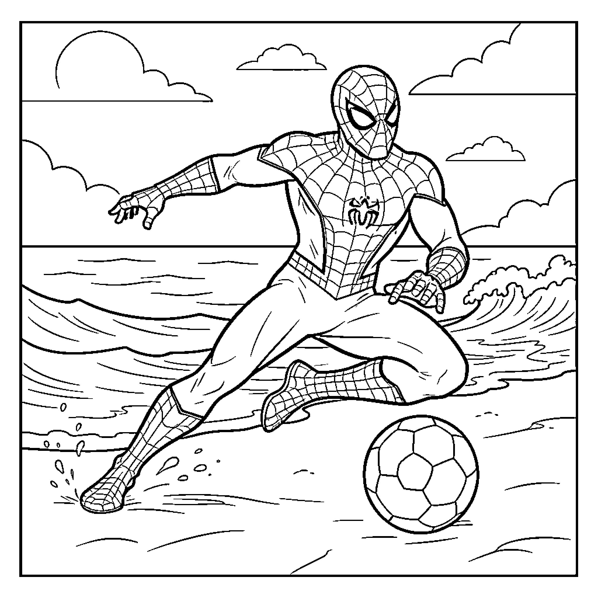 Spider-Man playing soccer on the beach Coloring Page (free black-and-white line drawing printable PDF for all, from beginners to advanced learners, including children, teens, adults, and seniors)