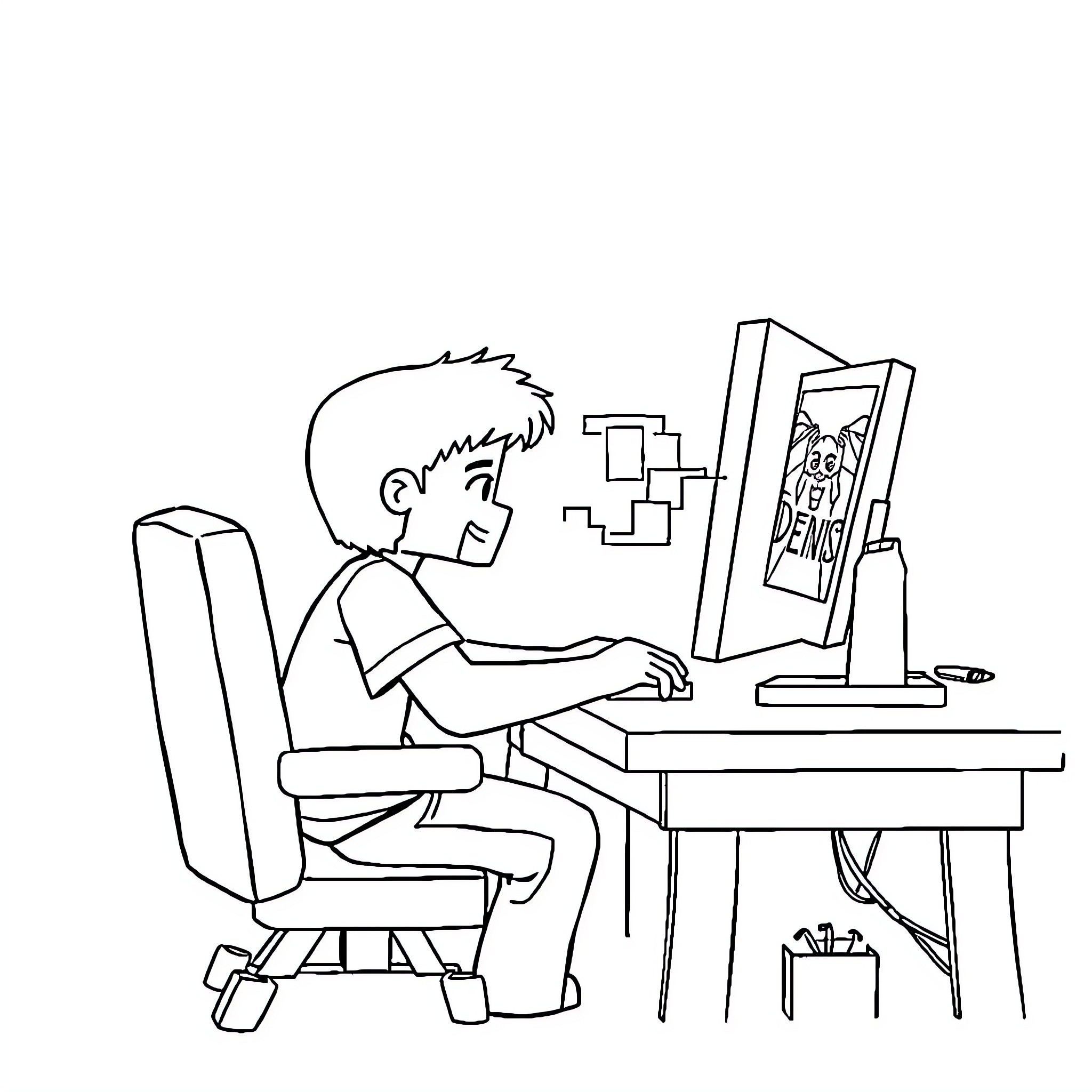Kid playing video game on computer Coloring Page (free black-and-white line drawing printable PDF for all, from beginners to advanced learners, including children, teens, adults, and seniors)