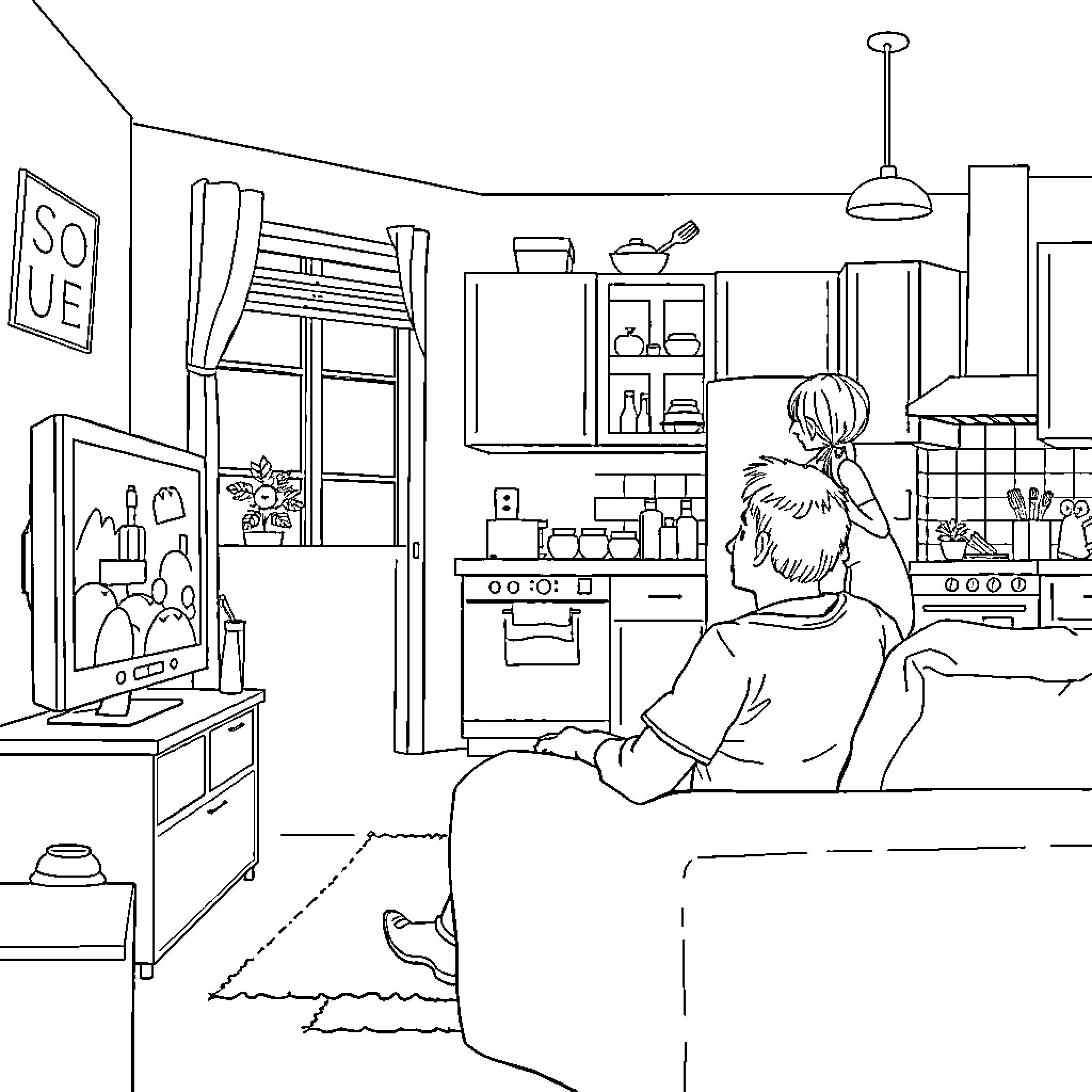 Man relaxing at home watching television Coloring Page (free black-and-white line drawing printable PDF for all, from beginners to advanced learners, including children, teens, adults, and seniors)
