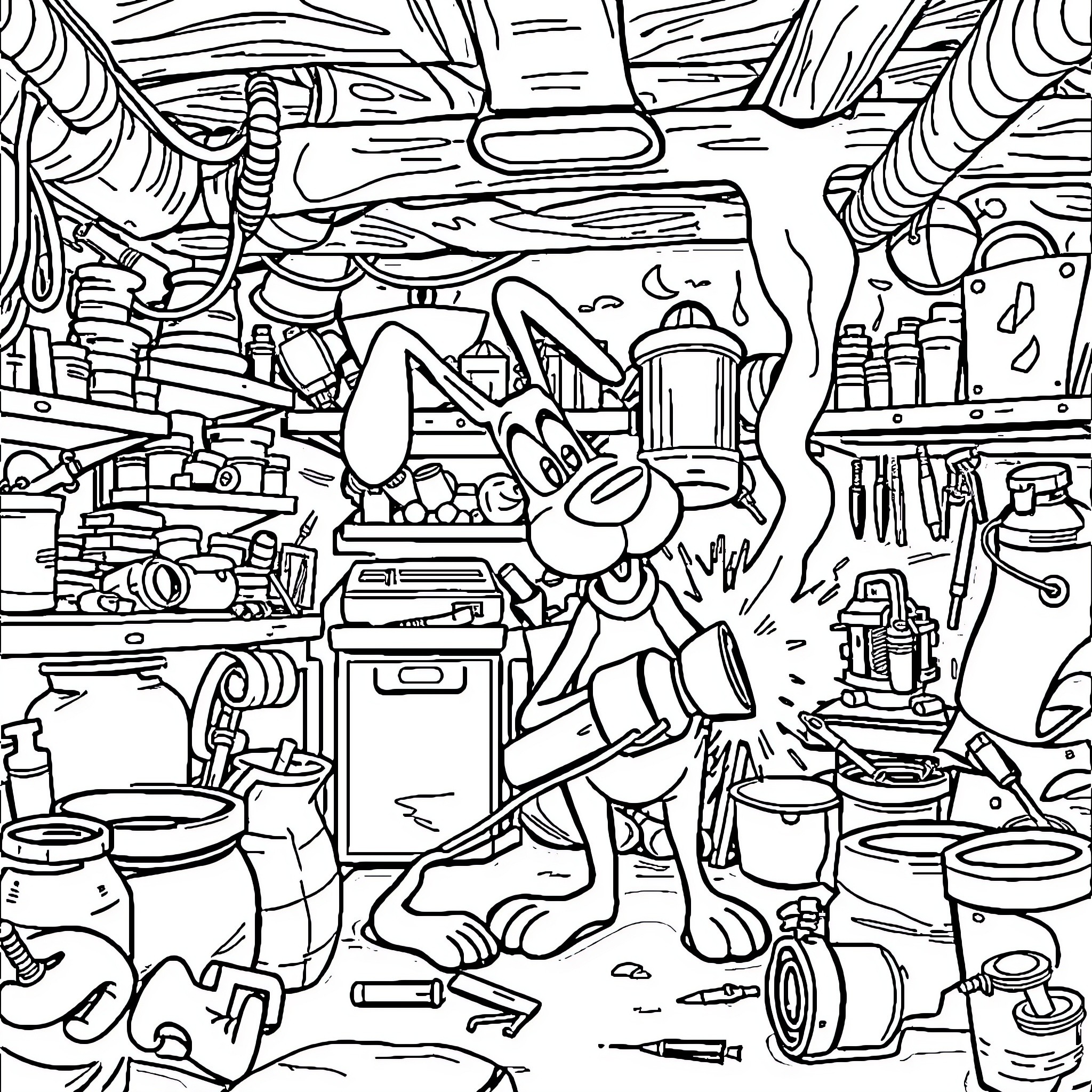 Eustace's Chaotic Garage Adventure Coloring Page (free black-and-white line drawing printable PDF for all, from beginners to advanced learners, including children, teens, adults, and seniors)