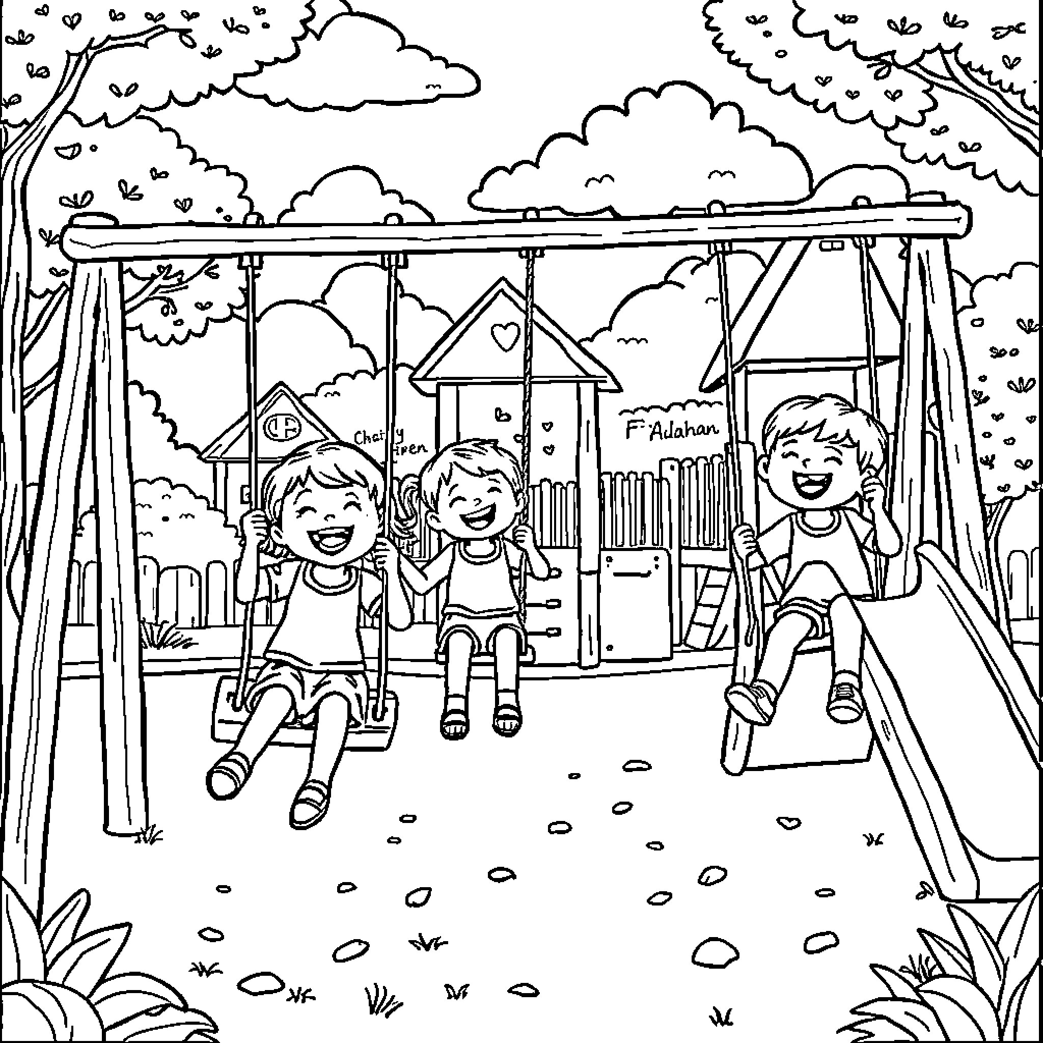 Kid friends playing on swingset in park Coloring Page (free black-and-white line drawing printable PDF for all, from beginners to advanced learners, including children, teens, adults, and seniors)