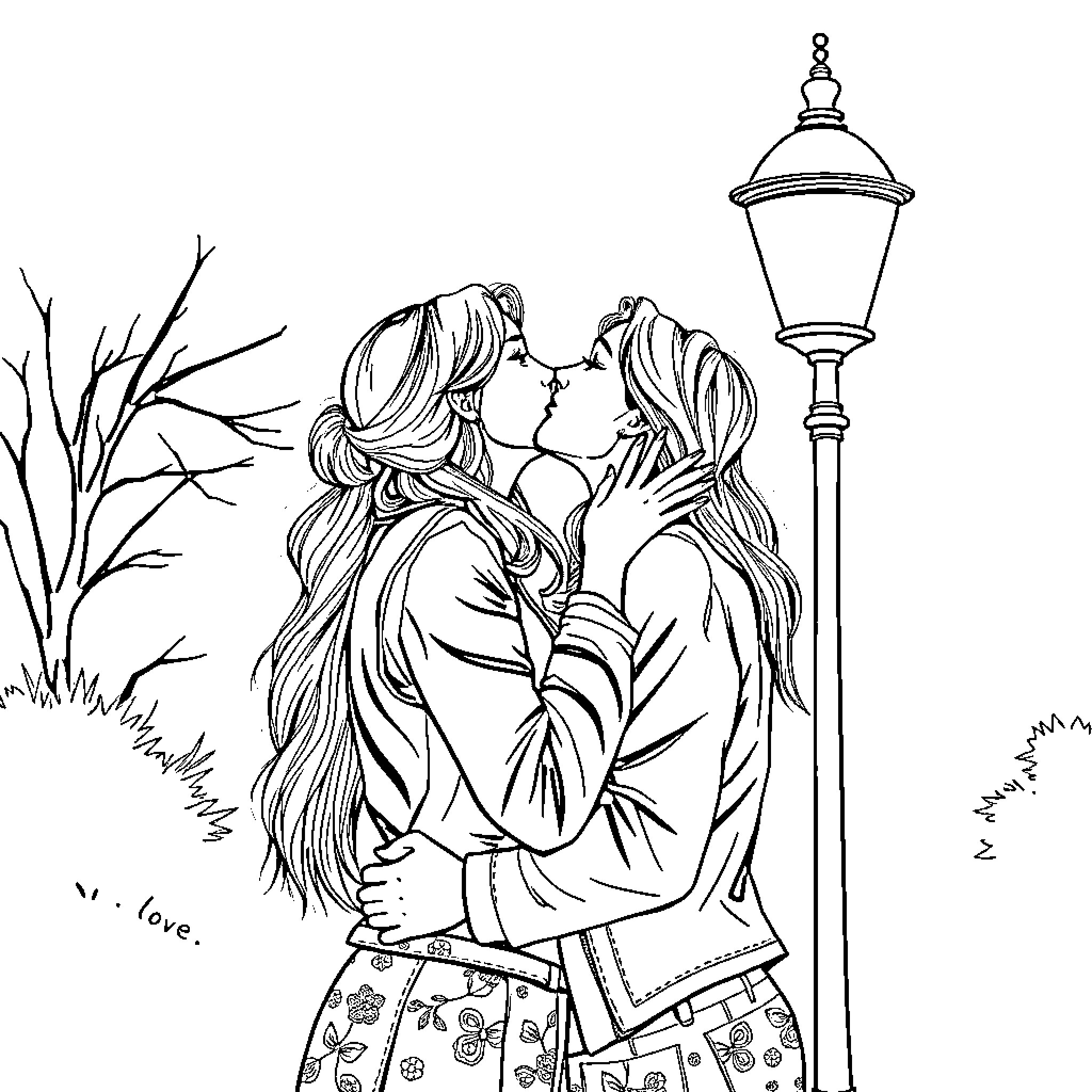 Woman Sharing Intimate Moment Under Streetlight Coloring Page (free black-and-white line drawing printable PDF for all, from beginners to advanced learners, including children, teens, adults, and seniors)