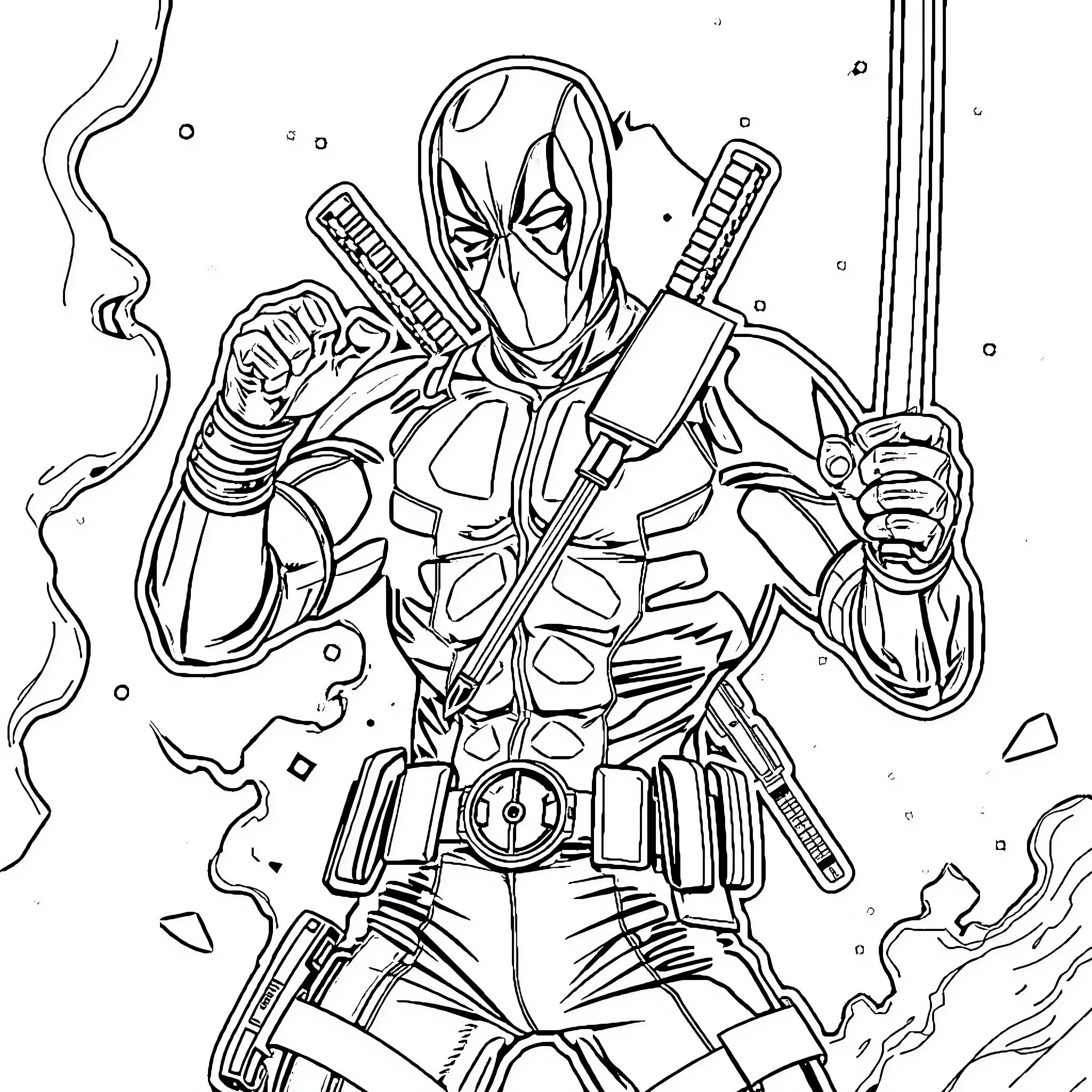 Deadpool's Explosive Action and Attitude Coloring Page (free black-and-white line drawing printable PDF for all, from beginners to advanced learners, including children, teens, adults, and seniors)
