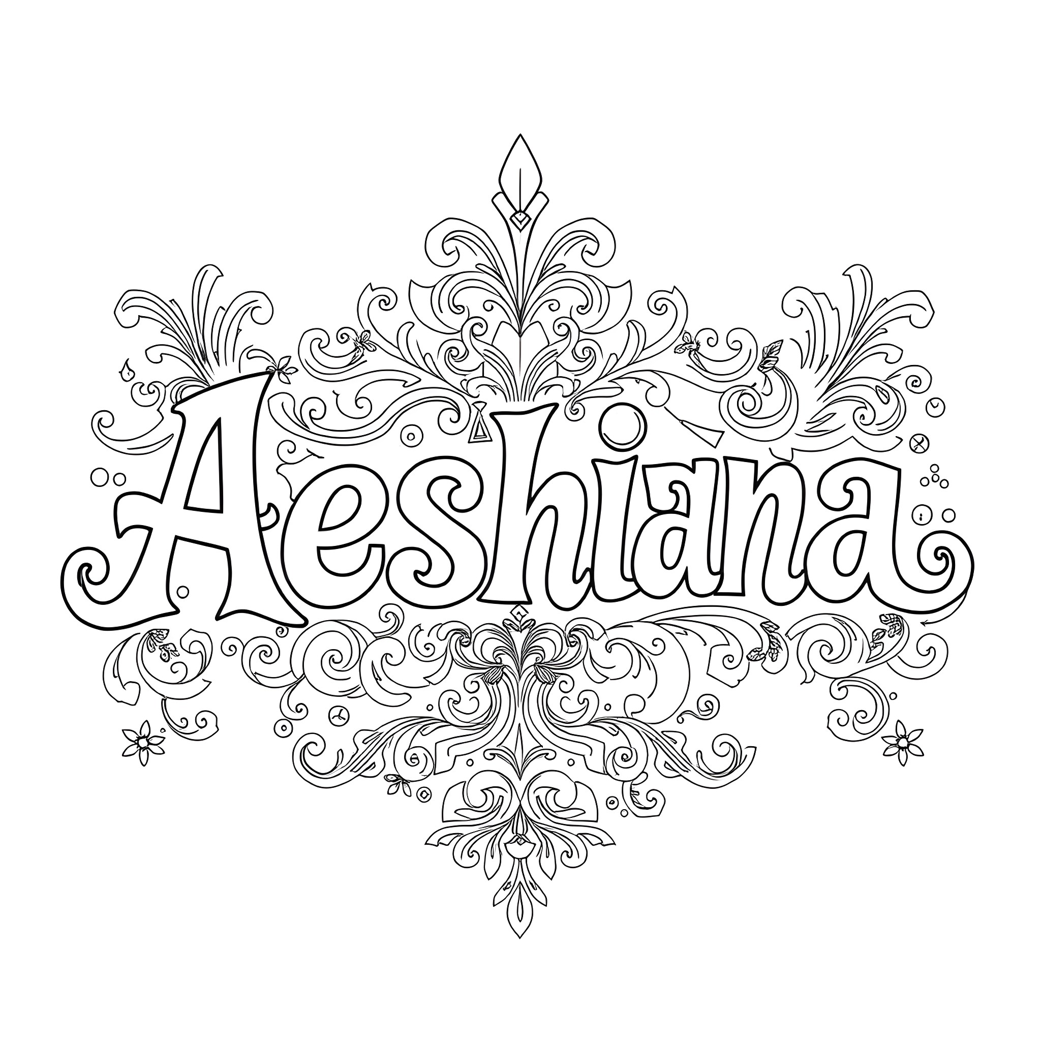 Letter decorative ornaments with name Aeshana Coloring Page (free black-and-white line drawing printable PDF for all, from beginners to advanced learners, including children, teens, adults, and seniors)
