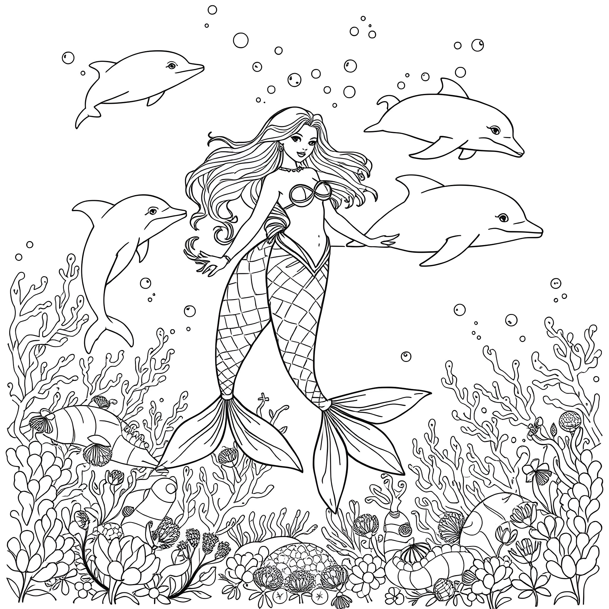 Mermaid surrounded by dolphins and coral reef Coloring Page (free black-and-white line drawing printable PDF for all, from beginners to advanced learners, including children, teens, adults, and seniors)