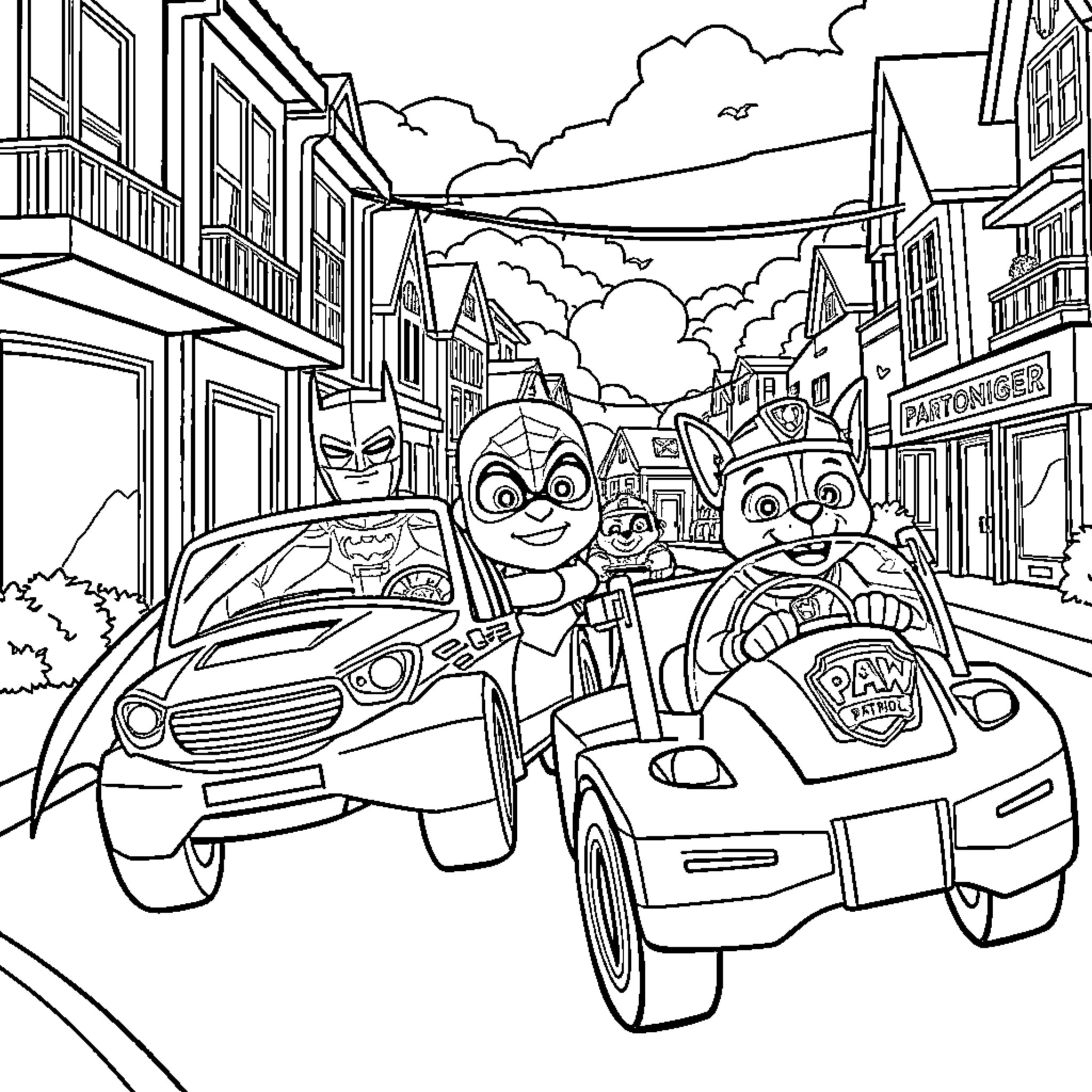 Car characters exploring vibrant town scene Coloring Page (free black-and-white line drawing printable PDF for all, from beginners to advanced learners, including children, teens, adults, and seniors)