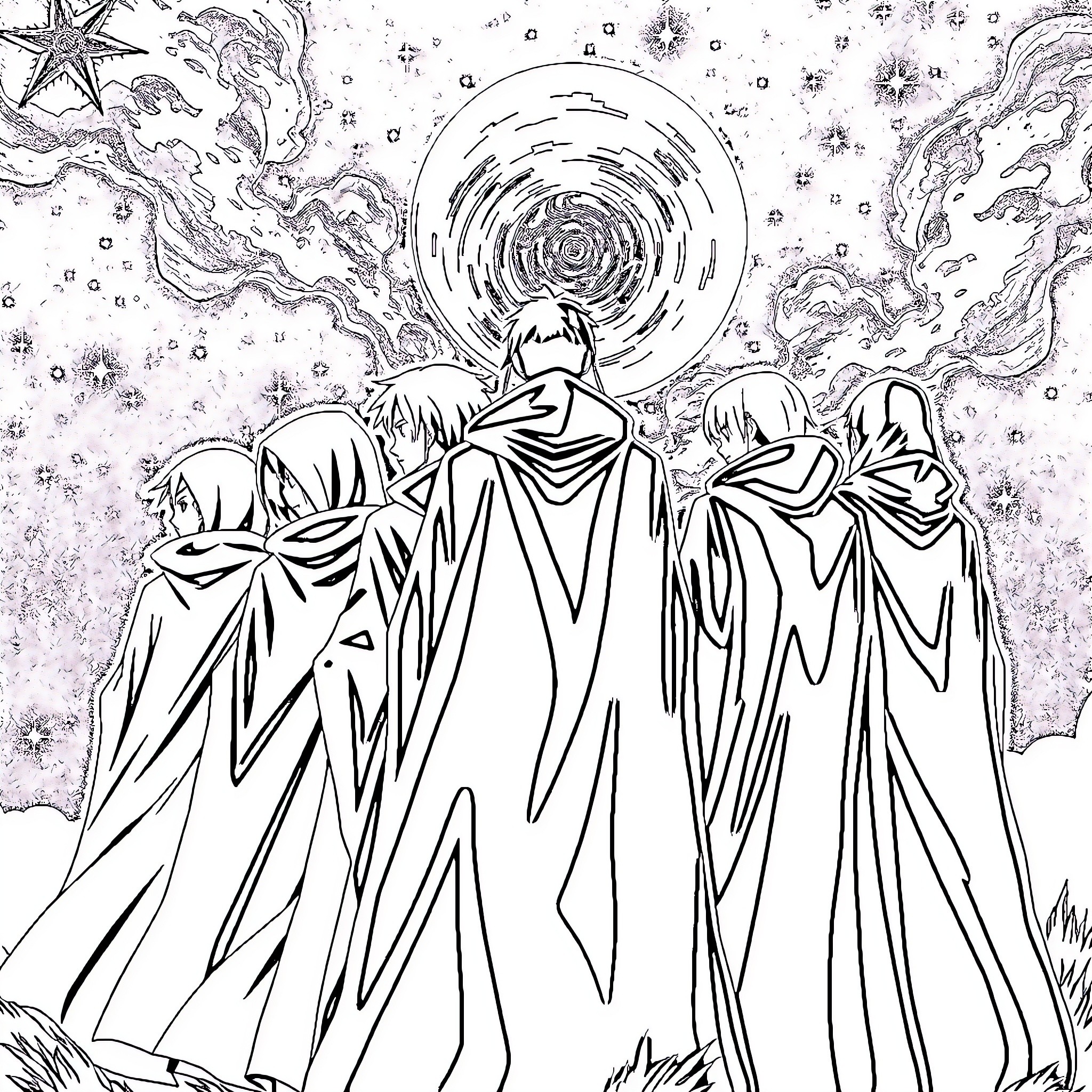 Akatsuki Members Facing Cosmic Forces Coloring Page (free black-and-white line drawing printable PDF for all, from beginners to advanced learners, including children, teens, adults, and seniors)