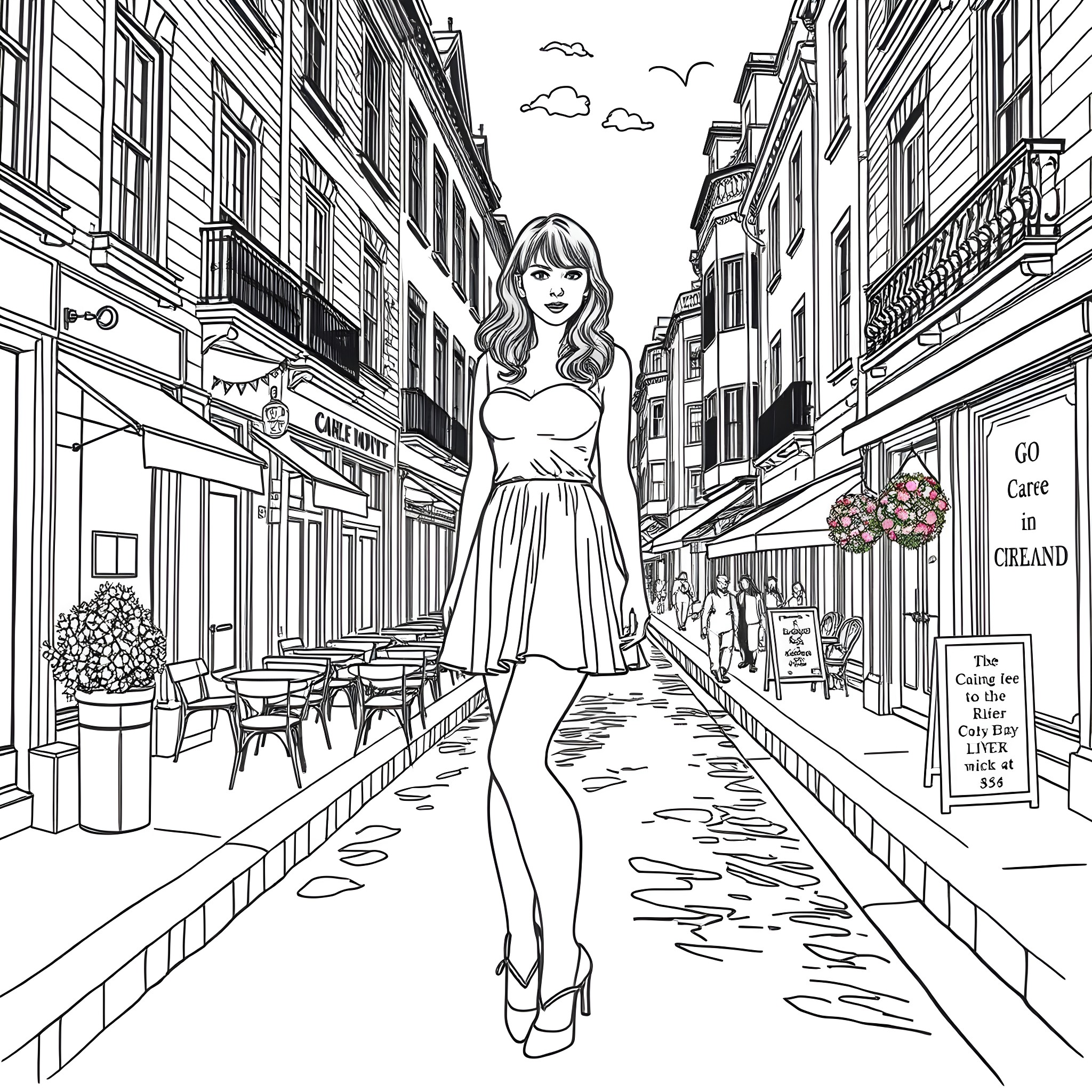Taylor Swift strolling through a charming European street Coloring Page (free black-and-white line drawing printable PDF for all, from beginners to advanced learners, including children, teens, adults, and seniors)