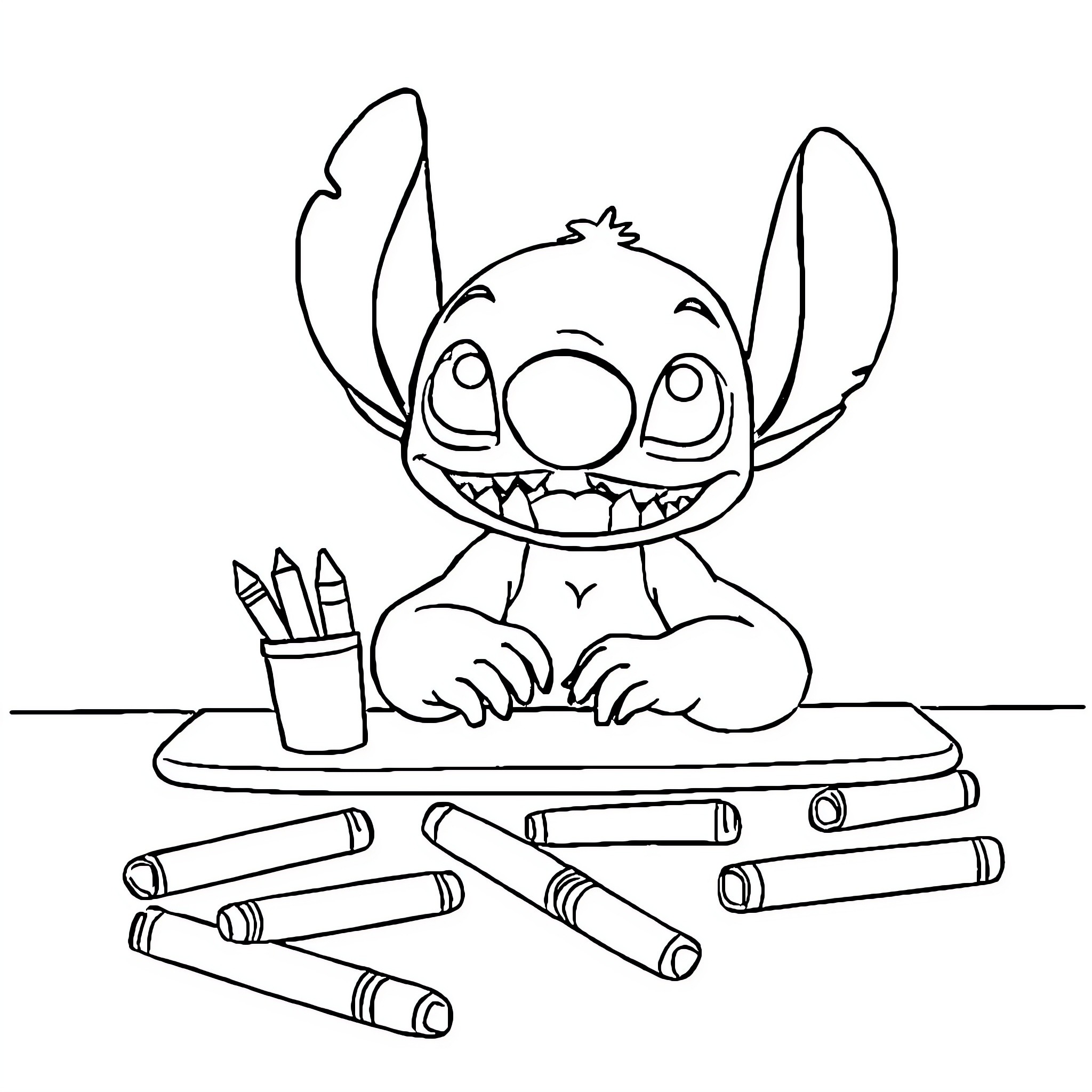 Stitch drawing with school supplies Coloring Page (free black-and-white line drawing printable PDF for all, from beginners to advanced learners, including children, teens, adults, and seniors)