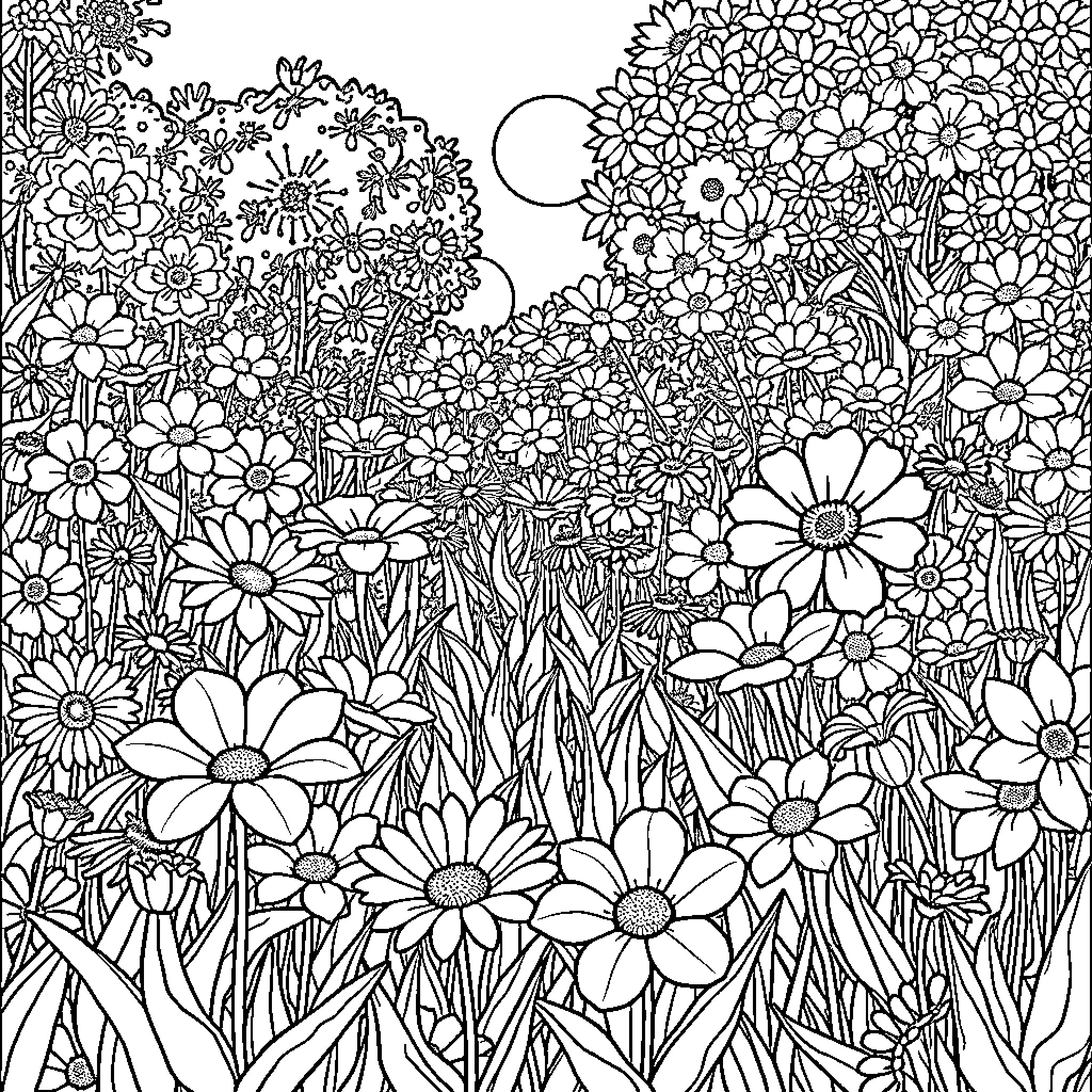 Flower Garden with Intricate Floral Patterns Coloring Page (free black-and-white line drawing printable PDF for all, from beginners to advanced learners, including children, teens, adults, and seniors)