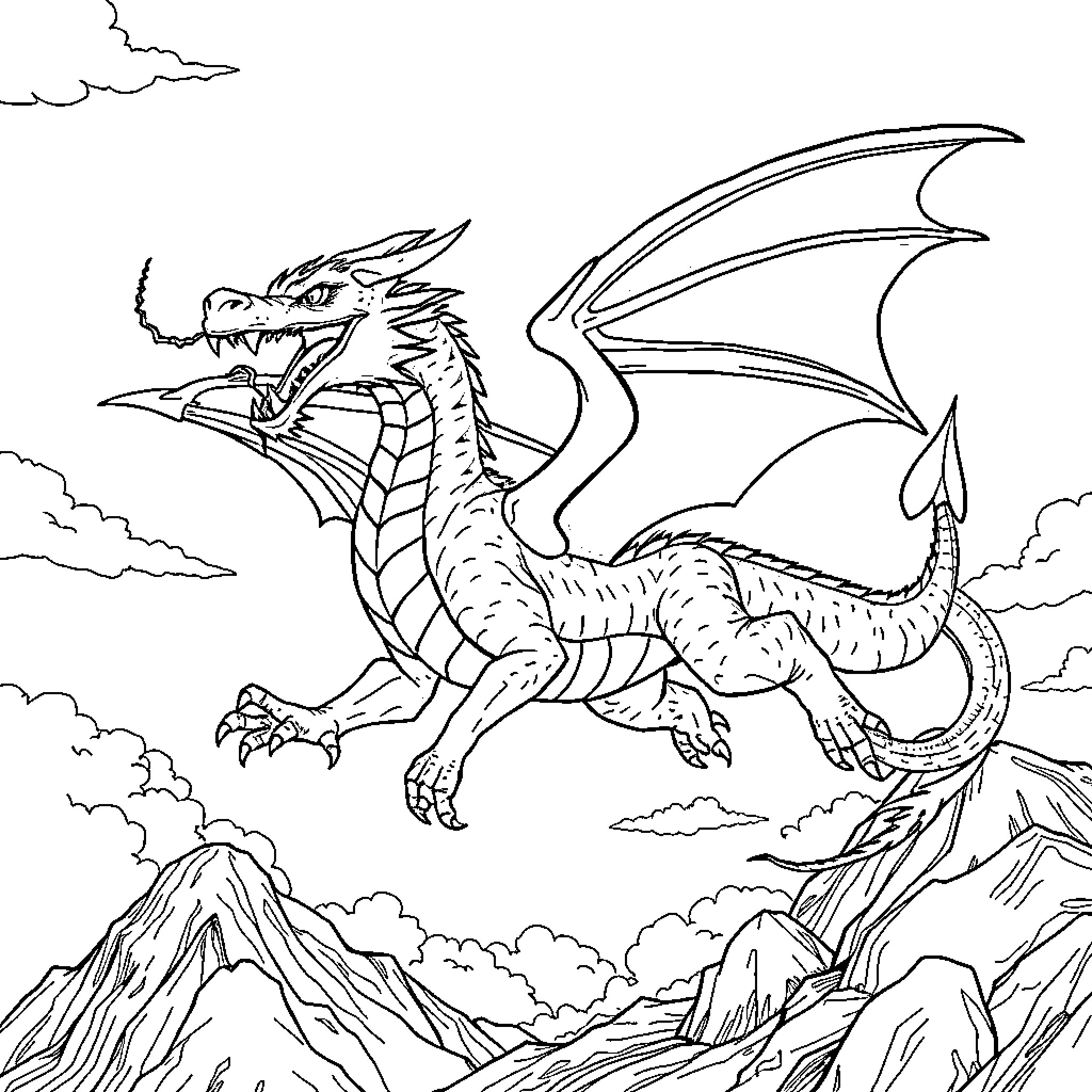 Dragon soaring above majestic mountains Coloring Page (free black-and-white line drawing printable PDF for all, from beginners to advanced learners, including children, teens, adults, and seniors)