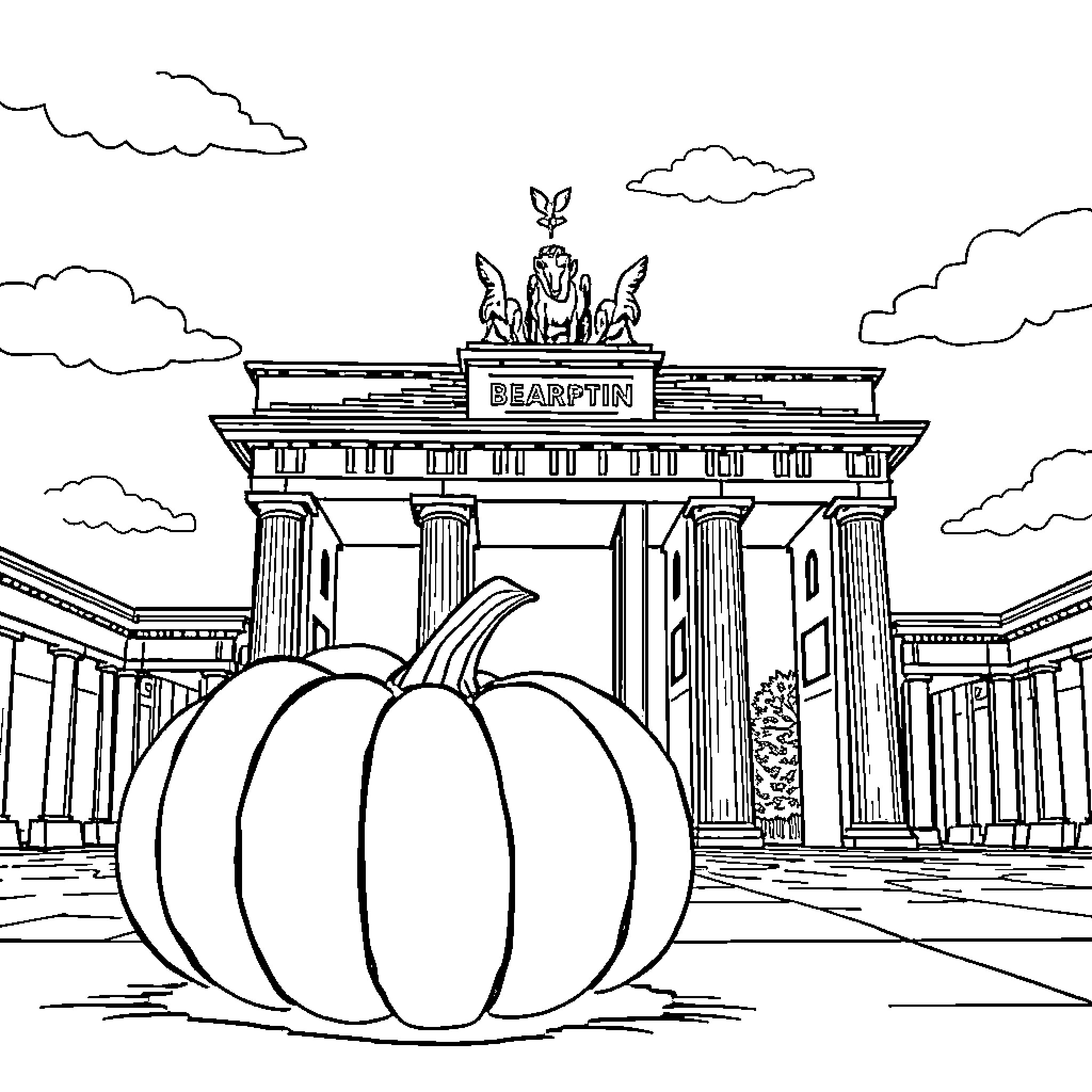 Pumpkin in Front of Iconic Building Coloring Page (free black-and-white line drawing printable PDF for all, from beginners to advanced learners, including children, teens, adults, and seniors)