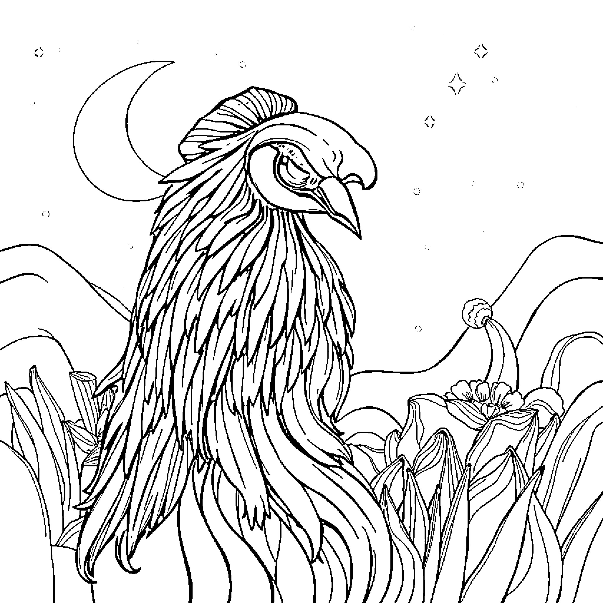 Cell Phone Art: Detailed Rooster Silhouette in Nature Coloring Page (free black-and-white line drawing printable PDF for all, from beginners to advanced learners, including children, teens, adults, and seniors)