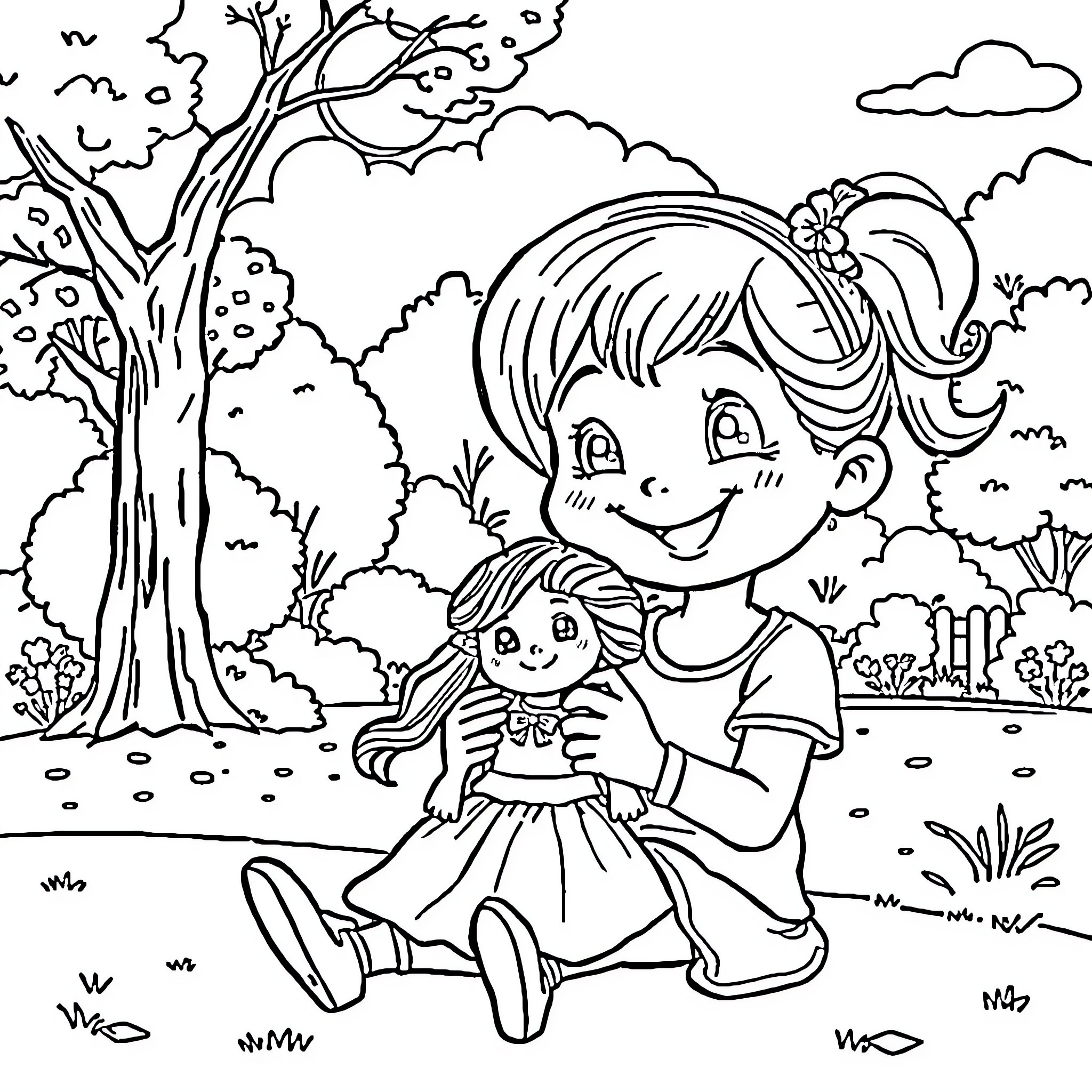 Gabby and her friend enjoying nature's beauty Coloring Page (free black-and-white line drawing printable PDF for all, from beginners to advanced learners, including children, teens, adults, and seniors)
