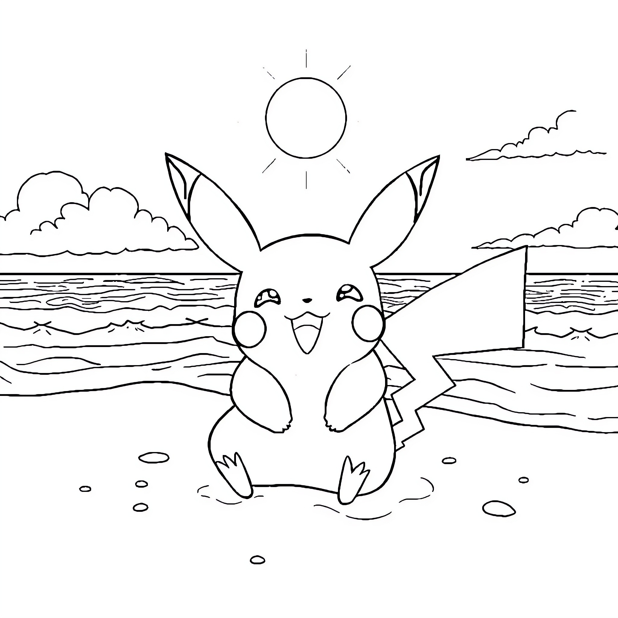 Pikachu enjoying the sunny beach scene Coloring Page (free black-and-white line drawing printable PDF for all, from beginners to advanced learners, including children, teens, adults, and seniors)