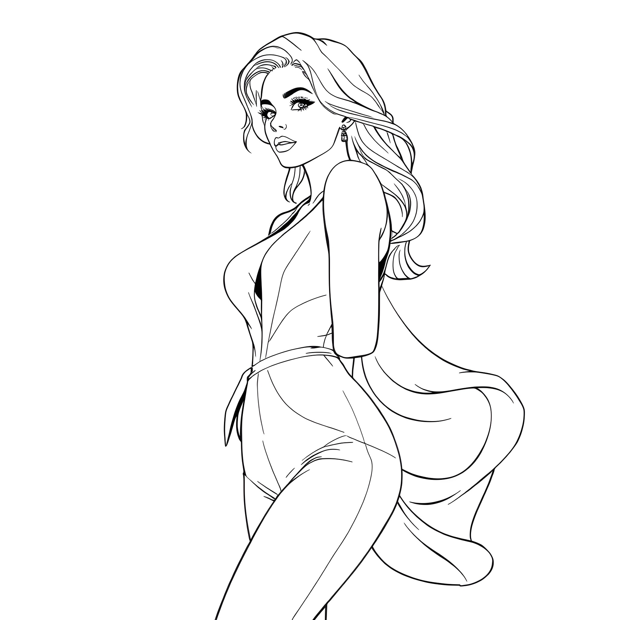 Woman in Alluring Pose Coloring Page (free black-and-white line drawing printable PDF for all, from beginners to advanced learners, including children, teens, adults, and seniors)