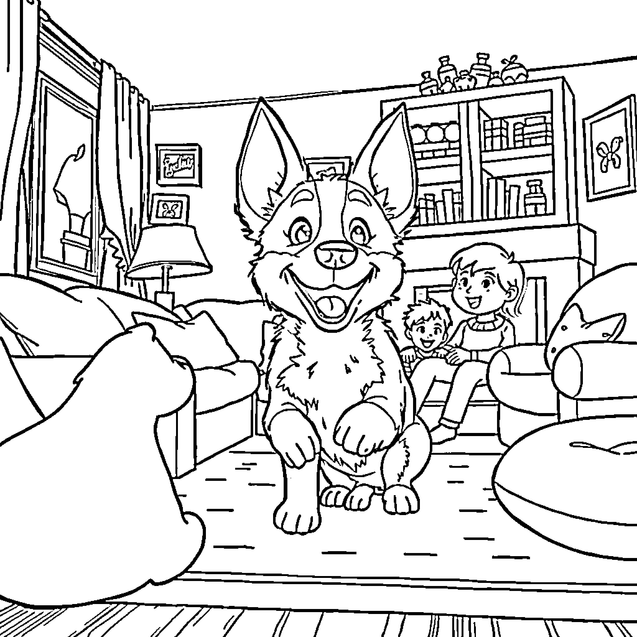 Bluey playing with child in cozy home setting Coloring Page (free black-and-white line drawing printable PDF for all, from beginners to advanced learners, including children, teens, adults, and seniors)