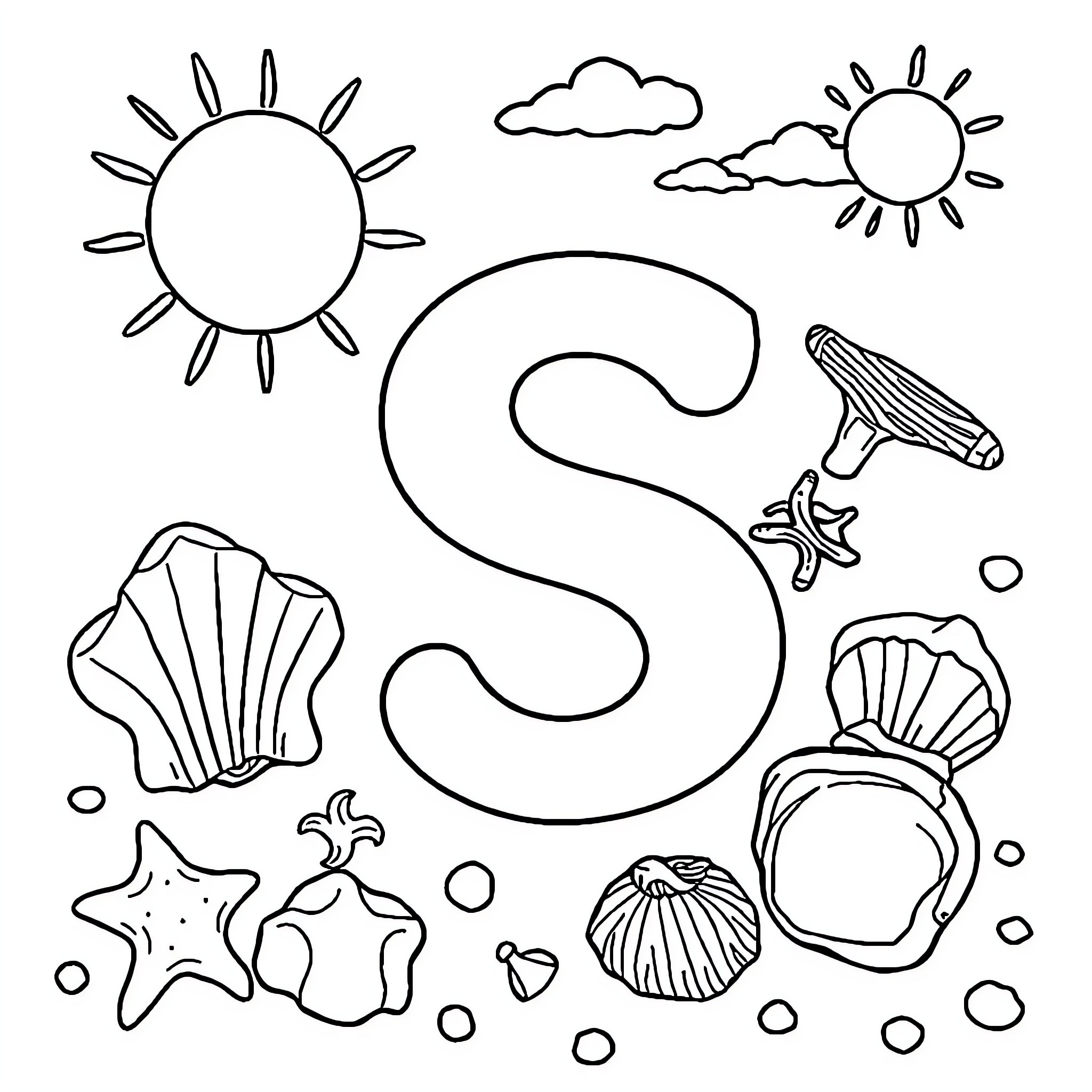 Sunny seashore scene with seashells and starfish Coloring Page (free black-and-white line drawing printable PDF for all, from beginners to advanced learners, including children, teens, adults, and seniors)