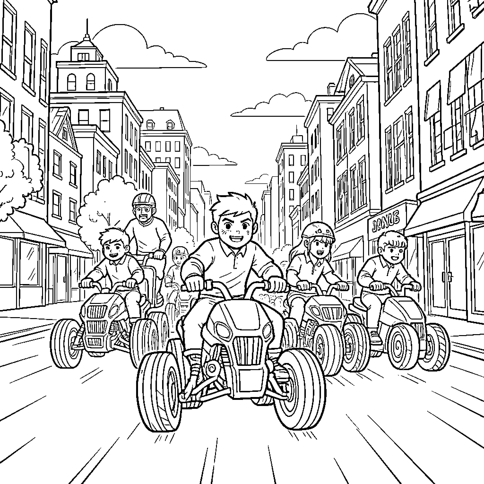 Jayce and friends riding ATVs through a city street Coloring Page (free black-and-white line drawing printable PDF for all, from beginners to advanced learners, including children, teens, adults, and seniors)