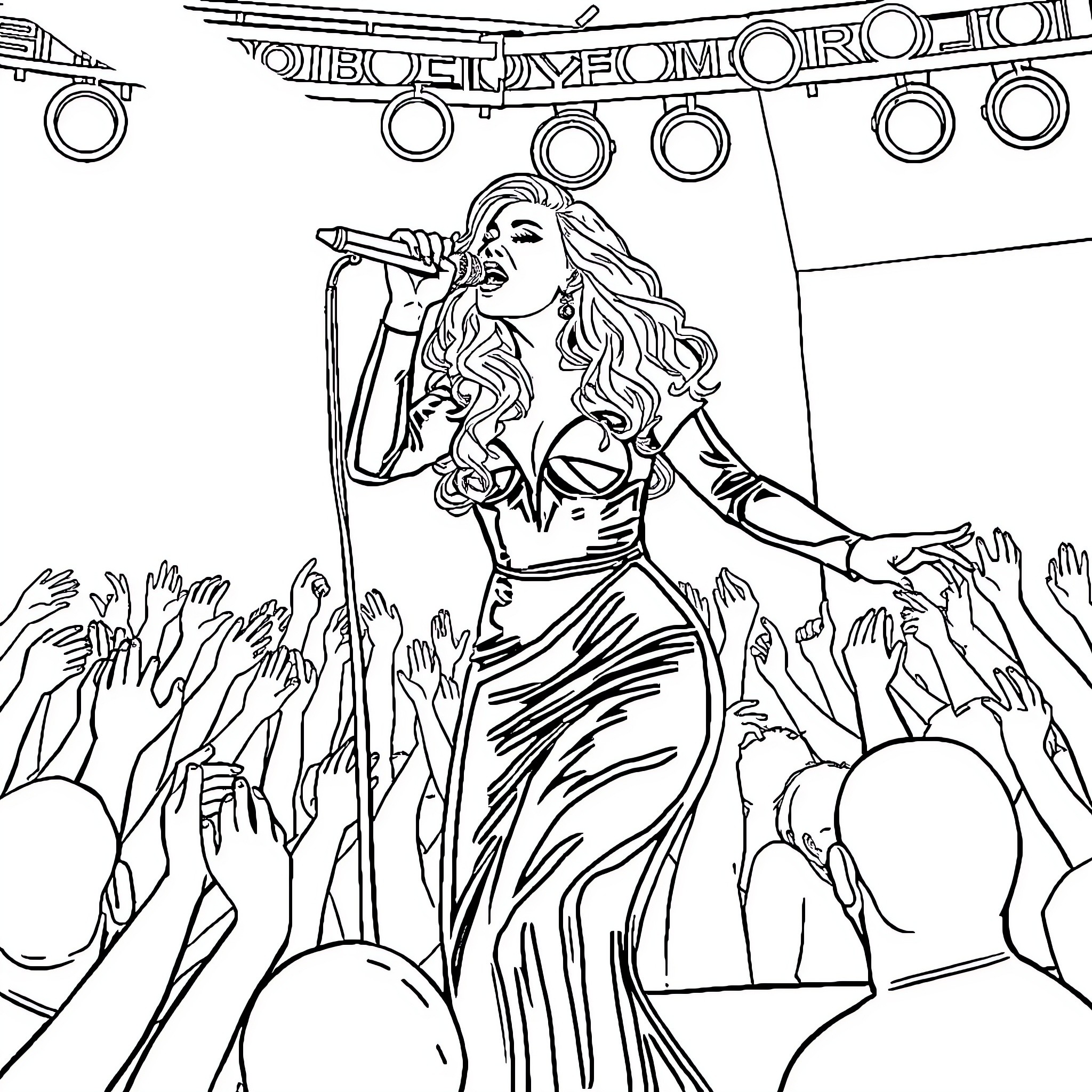 Lady Gaga Performing on Stage with Adoring Crowd Coloring Page (free black-and-white line drawing printable PDF for all, from beginners to advanced learners, including children, teens, adults, and seniors)