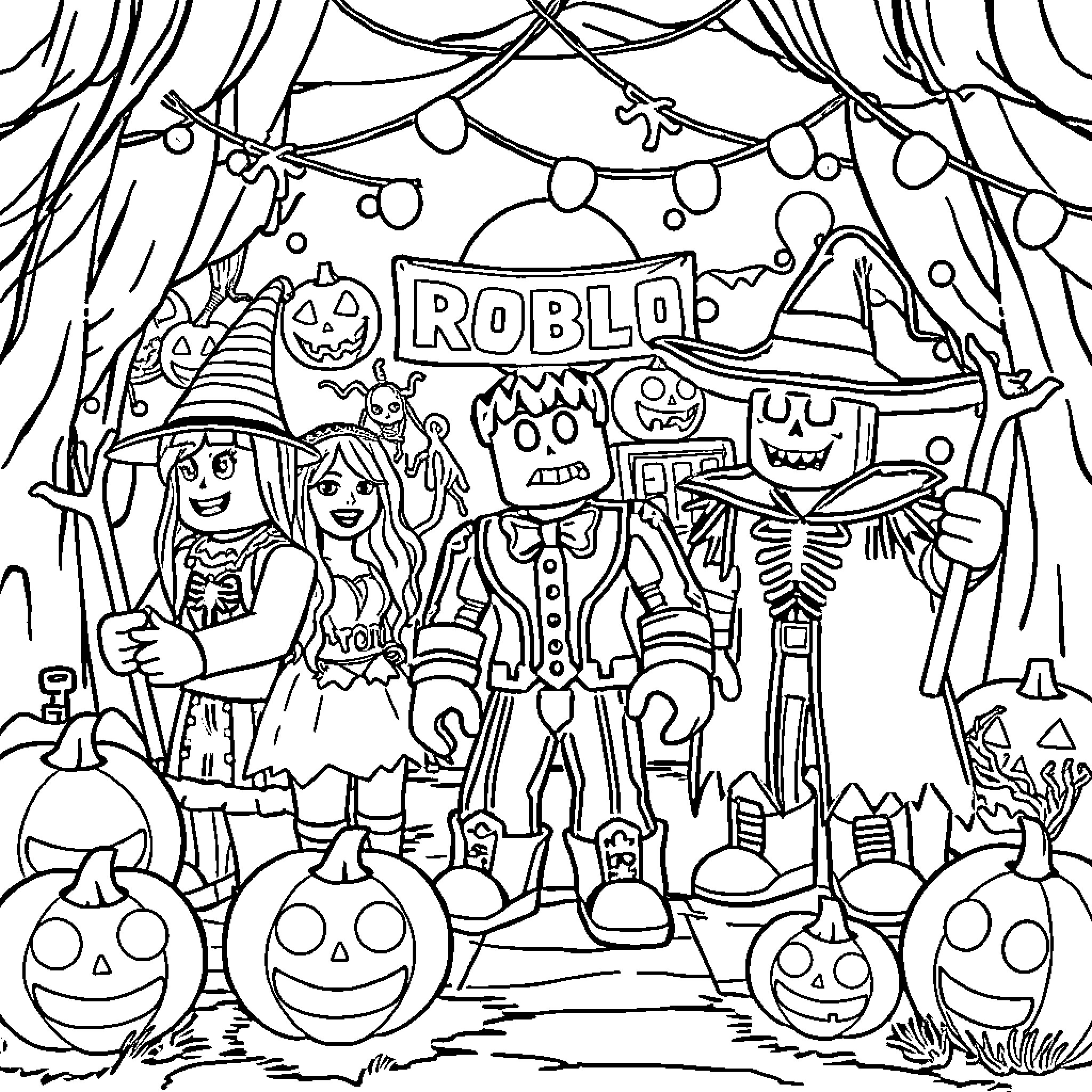 Roblox characters in a spooky Halloween scene Coloring Page (free black-and-white line drawing printable PDF for all, from beginners to advanced learners, including children, teens, adults, and seniors)